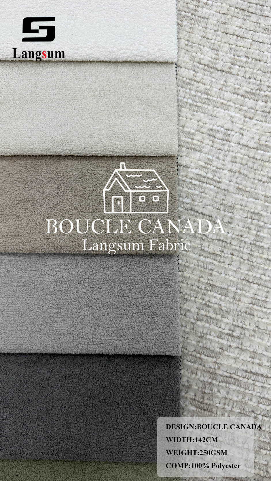 BOUCLE CANADA Loop-Textured Polyester Upholstery Fabric – 250gsm, 56" Wide Langsum Fabric