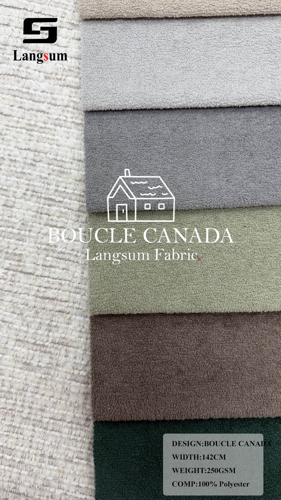 BOUCLE CANADA Loop-Textured Polyester Upholstery Fabric – 250gsm, 56" Wide Langsum Fabric