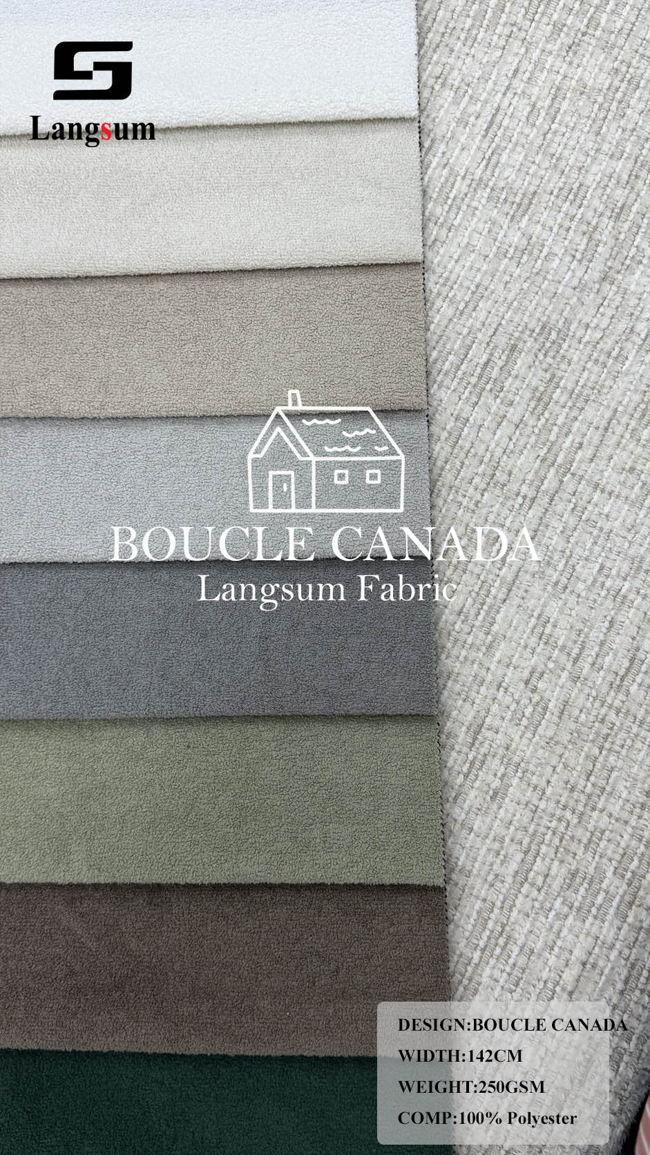 BOUCLE CANADA Loop-Textured Polyester Upholstery Fabric – 250gsm, 56" Wide Langsum Fabric