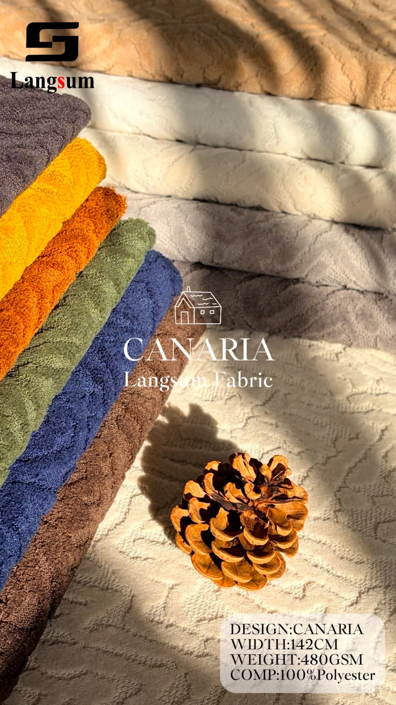 CANARIA Chenille Fabric Woven Jacquard Fabric – 480gsm, 56" Wide, 11 Colors Langsum Fabric