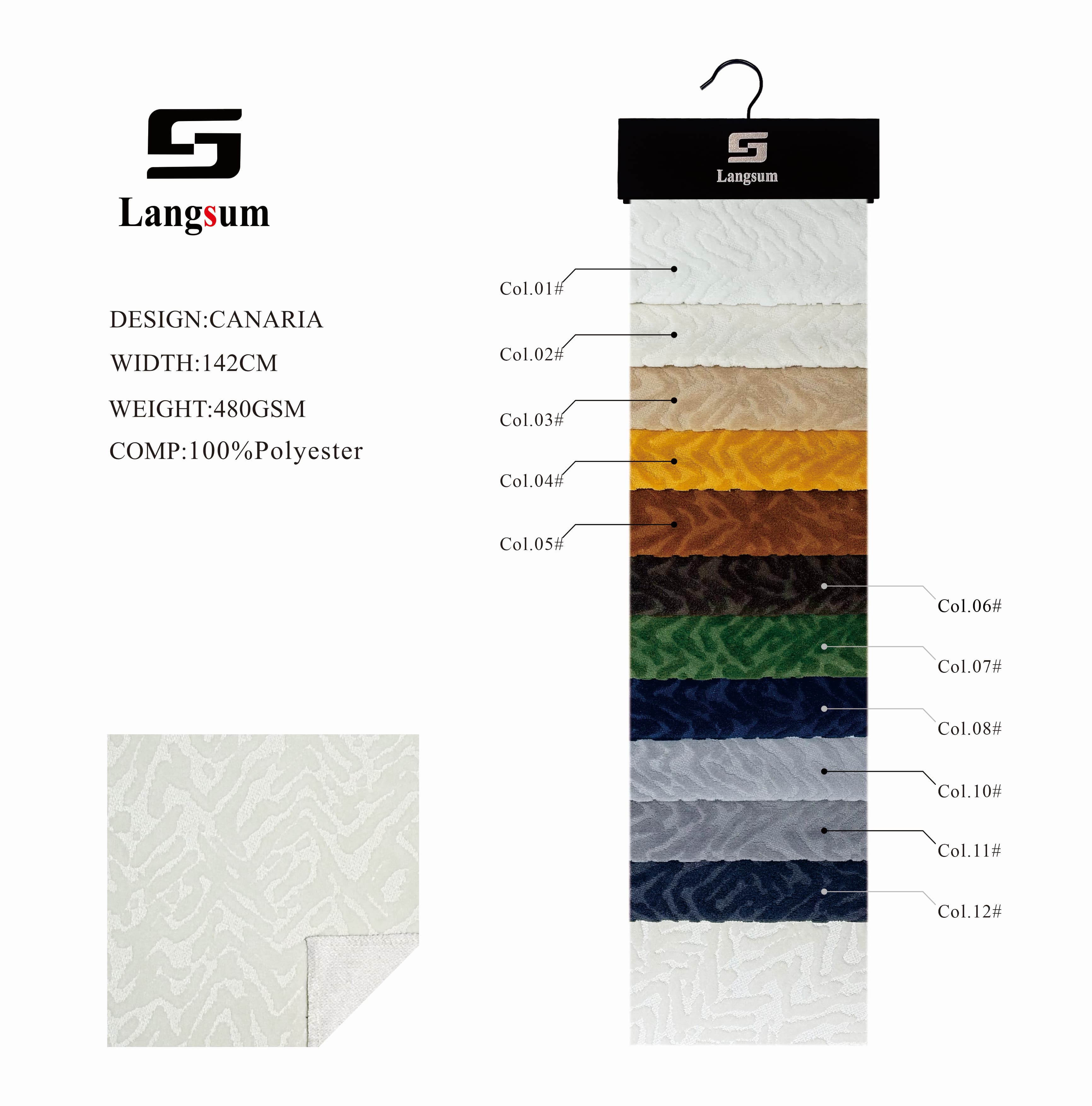 CANARIA Chenille Fabric Woven Jacquard Fabric – 480gsm, 56" Wide, 11 Colors Langsum Fabric