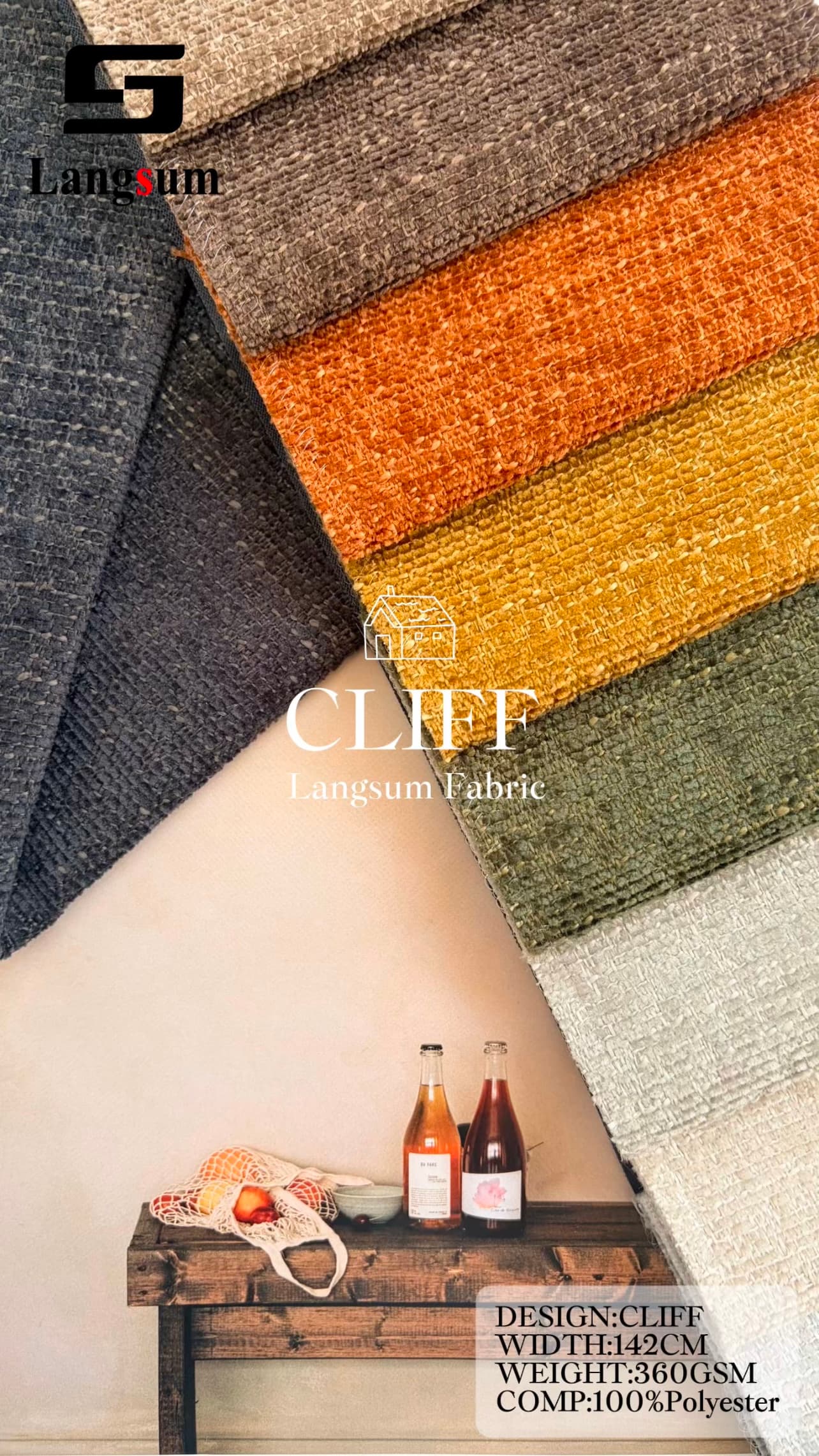 CLIFF Chenille Fabric Woven Jacquard Fabric – 360gsm, 56" Wide, 16 Colors Langsum Fabric