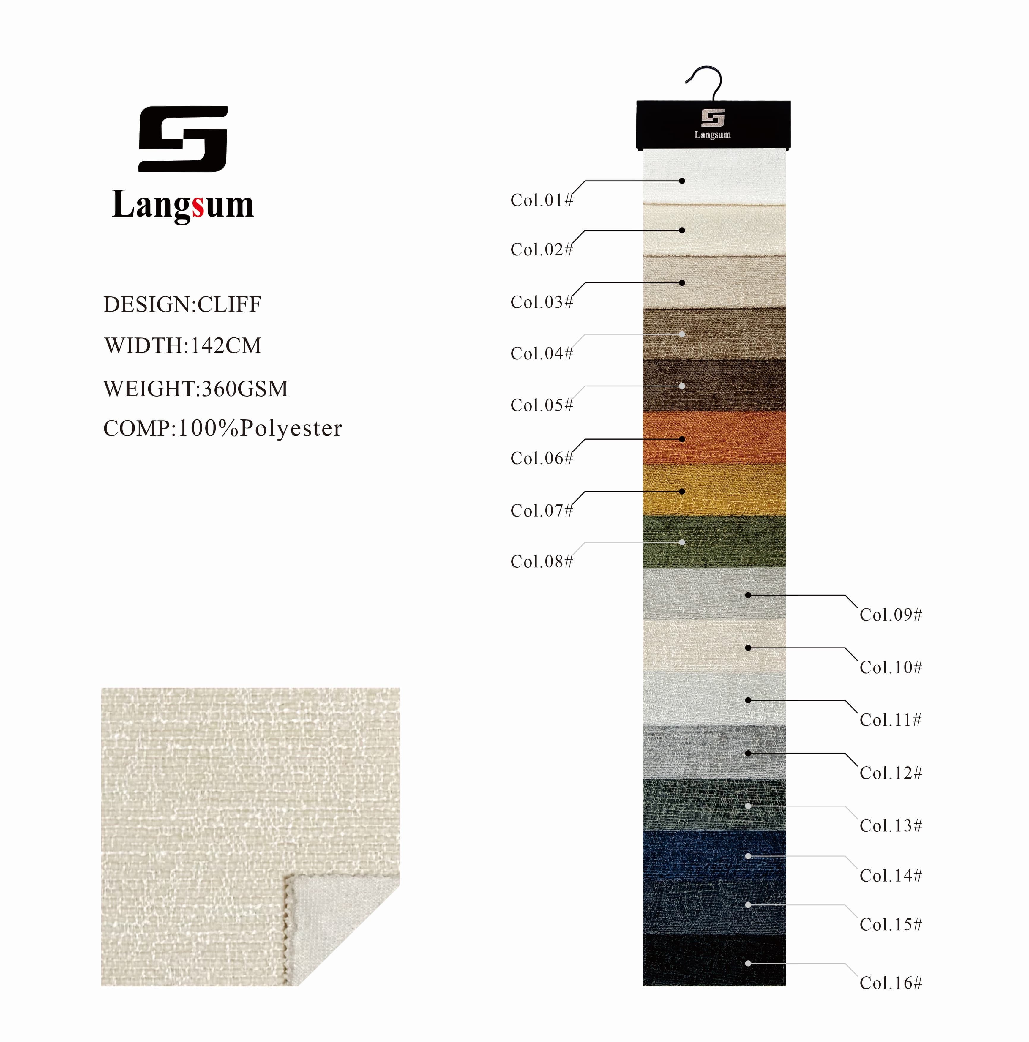 CLIFF Chenille Fabric Woven Jacquard Fabric – 360gsm, 56" Wide, 16 Colors Langsum Fabric