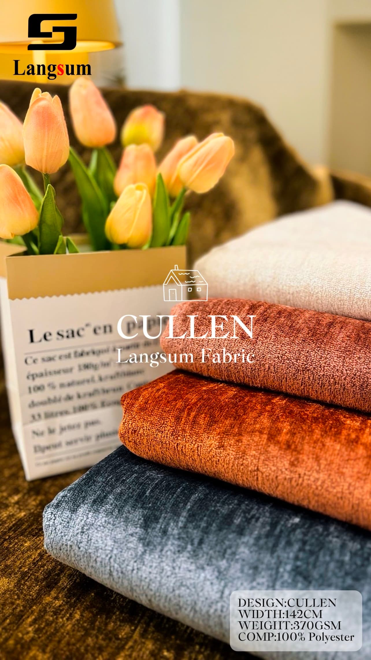 CULLEN Chenille Fabric Woven Jacquard Fabric – 370gsm, 56" Wide, 10 Colors Langsum Fabric