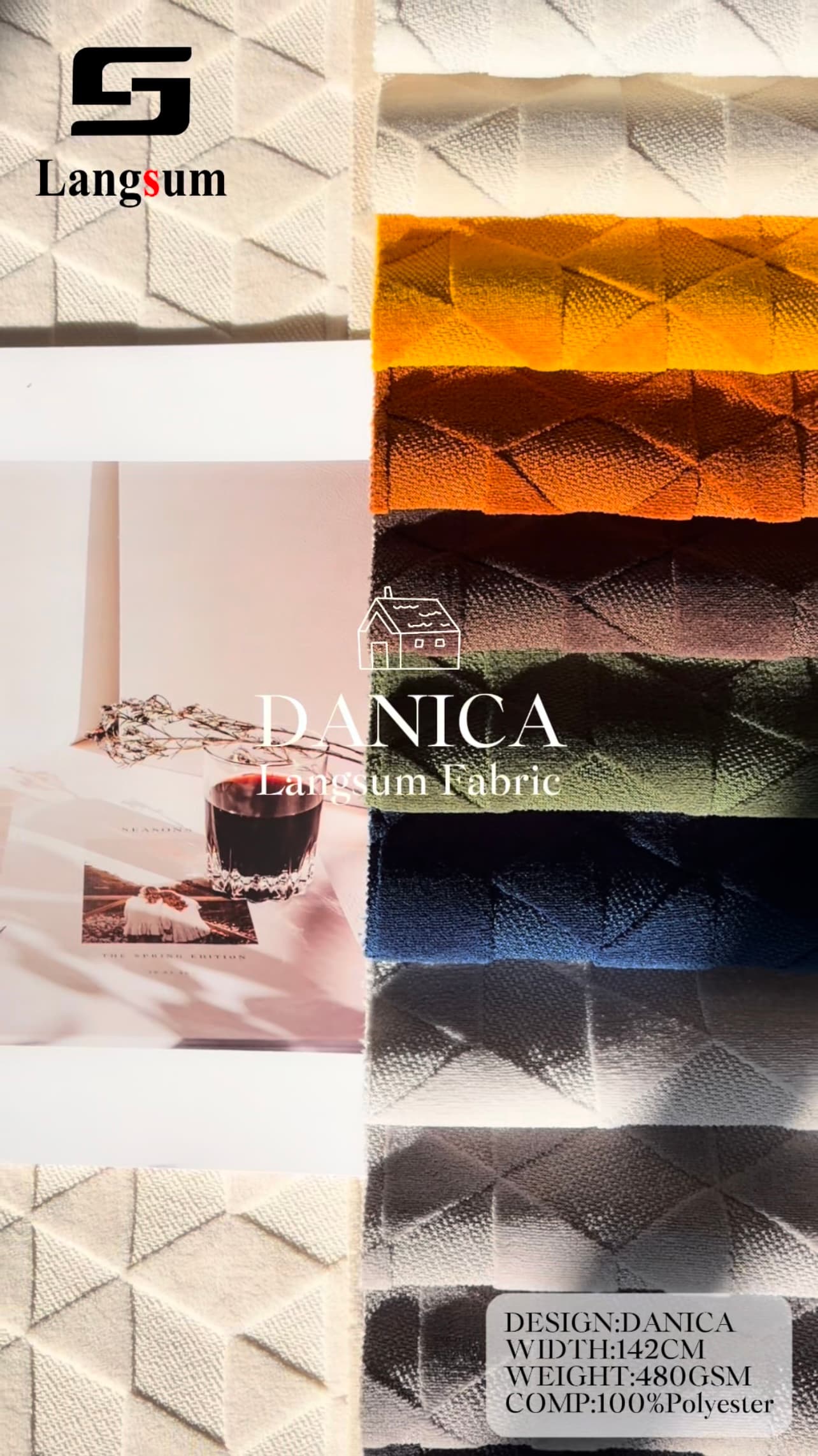 DANICA Textured Polyester Upholstery Fabric – 480gsm, 56" Wide, 12 Colors Langsum Fabric