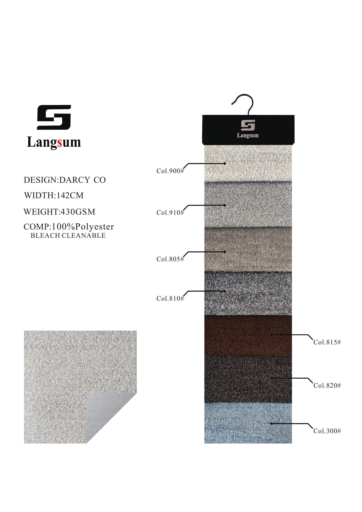DARCY CO Bouclé-Textured Polyester Upholstery Fabric – 430gsm, 56" Wide, 7 Colors Langsum Fabric