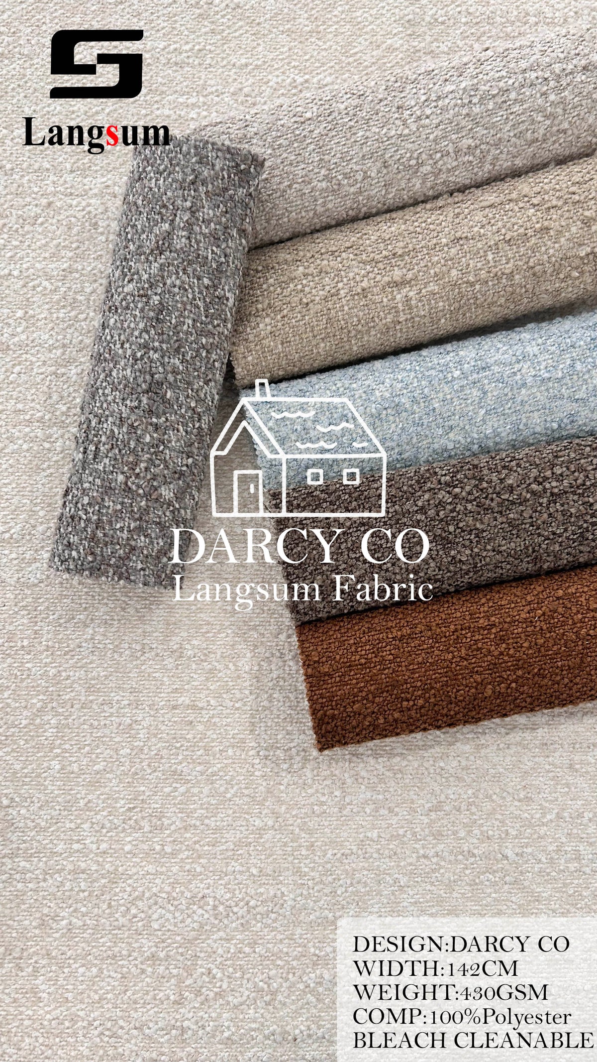 DARCY CO Bouclé-Textured Polyester Upholstery Fabric – 430gsm, 56" Wide, 7 Colors Langsum Fabric