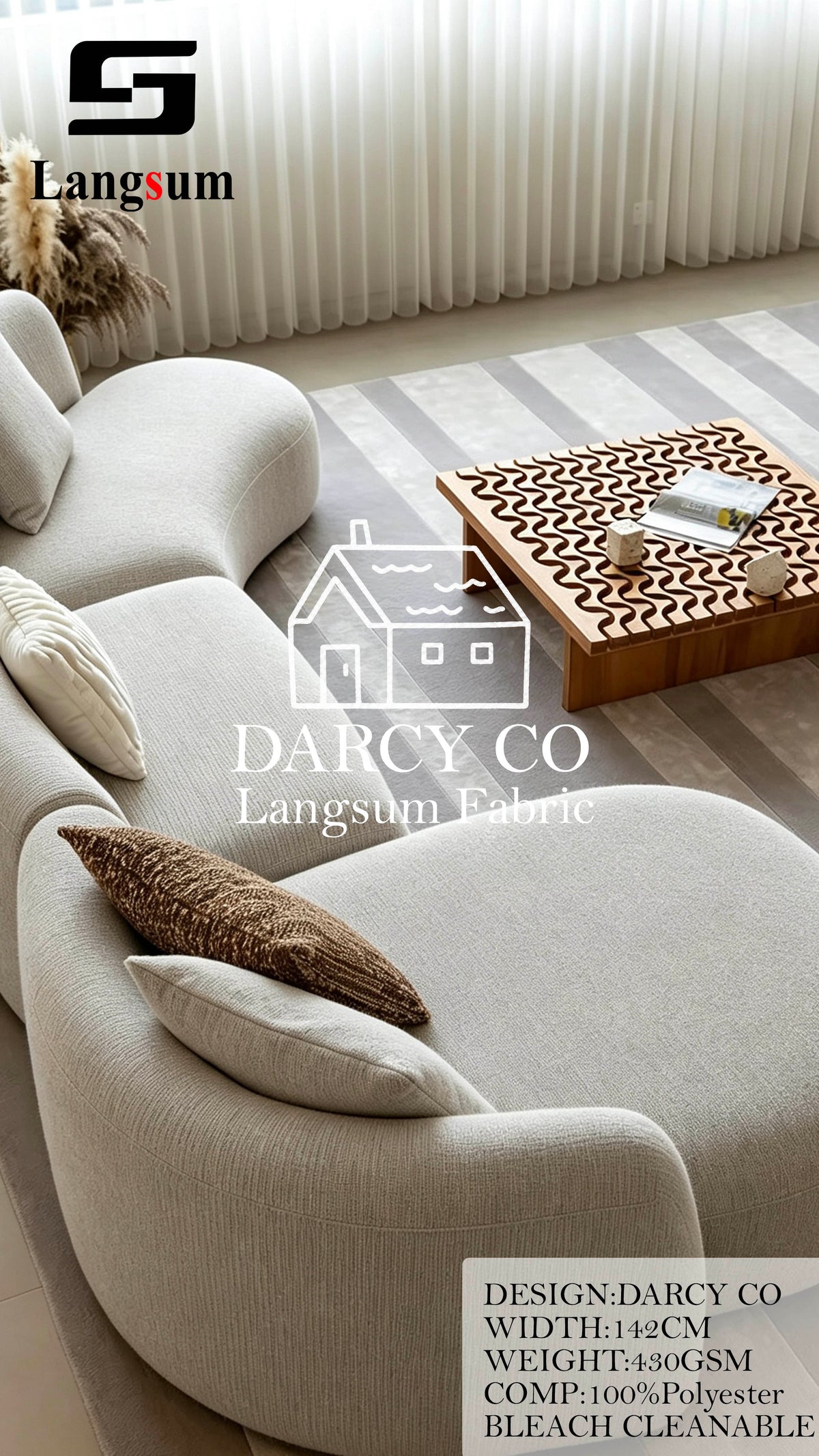DARCY CO Bouclé-Textured Polyester Upholstery Fabric – 430gsm, 56" Wide, 7 Colors Langsum Fabric