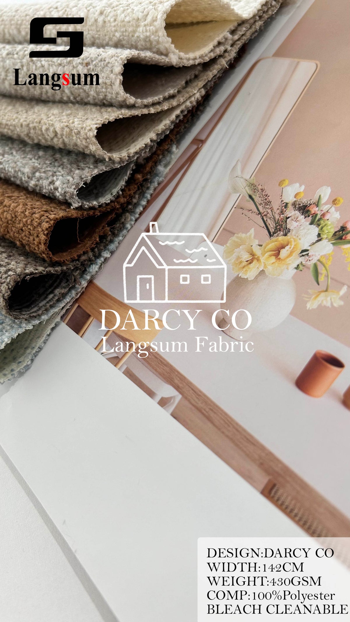 DARCY CO Bouclé-Textured Polyester Upholstery Fabric – 430gsm, 56" Wide, 7 Colors Langsum Fabric