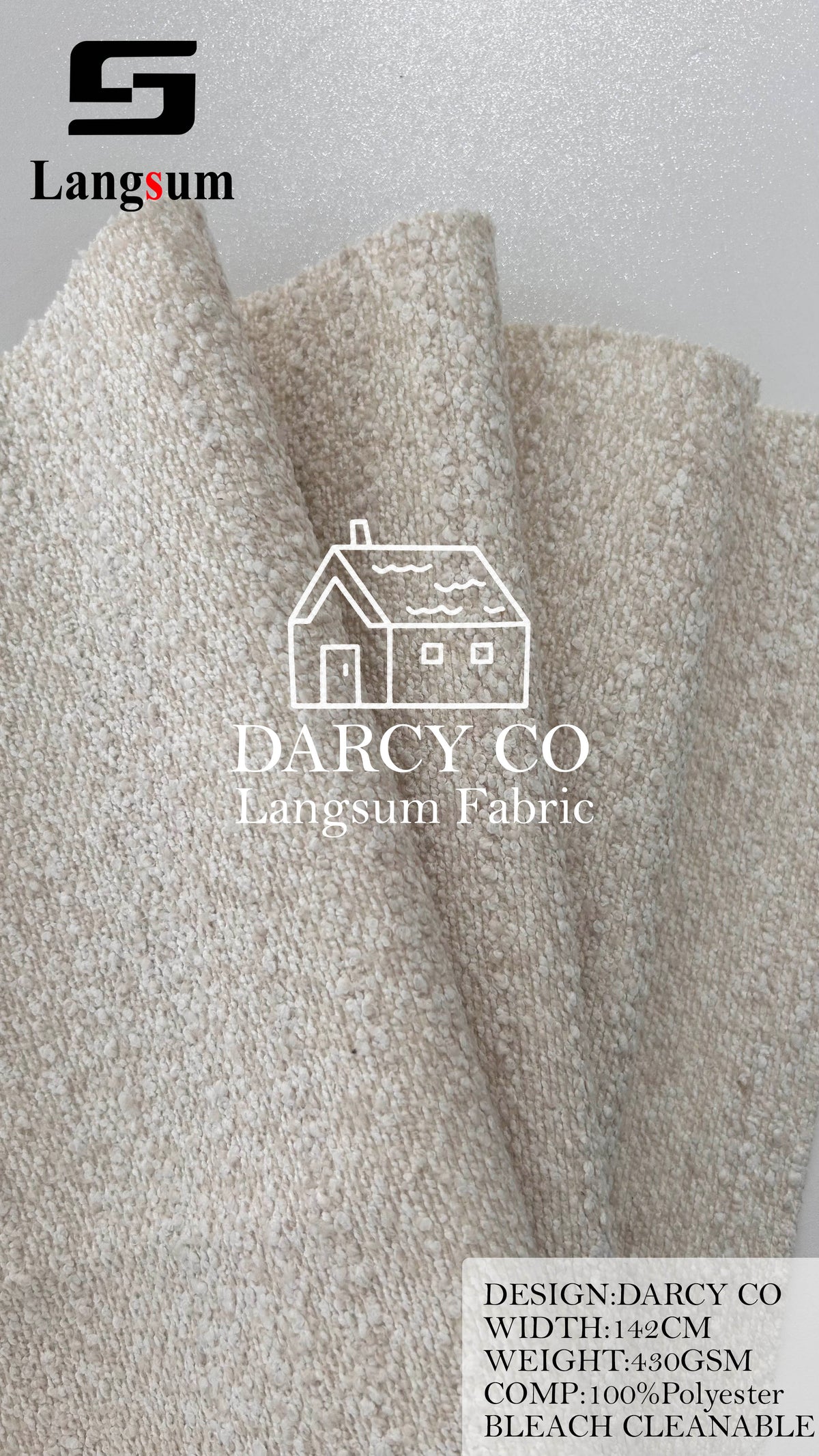 DARCY CO Bouclé-Textured Polyester Upholstery Fabric – 430gsm, 56" Wide, 7 Colors Langsum Fabric