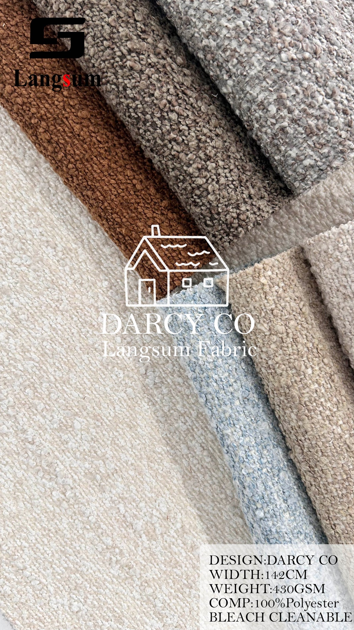 DARCY CO Bouclé-Textured Polyester Upholstery Fabric – 430gsm, 56" Wide, 7 Colors Langsum Fabric
