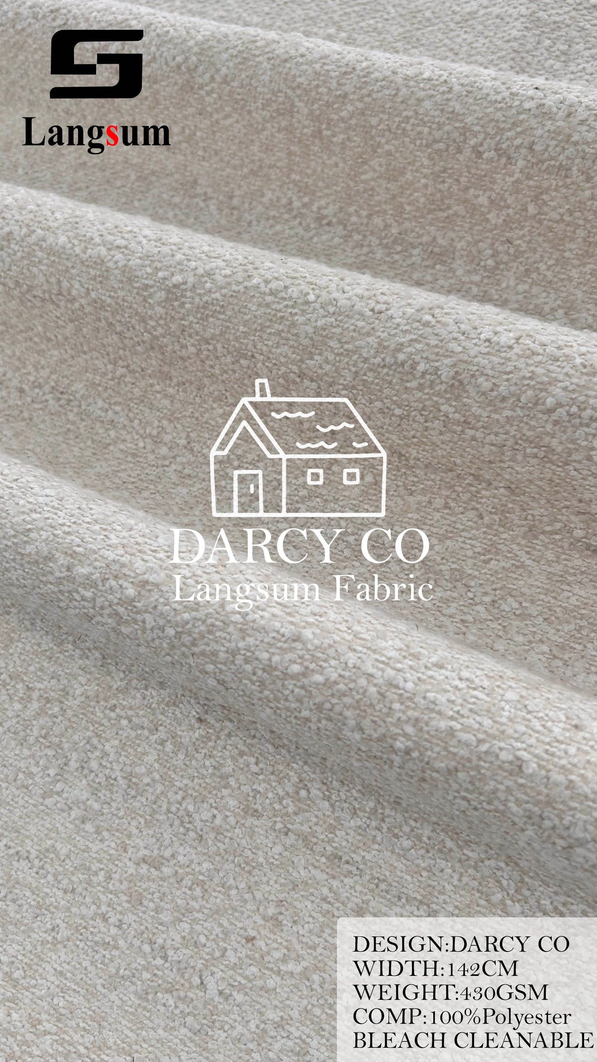DARCY CO Bouclé-Textured Polyester Upholstery Fabric – 430gsm, 56" Wide, 7 Colors Langsum Fabric
