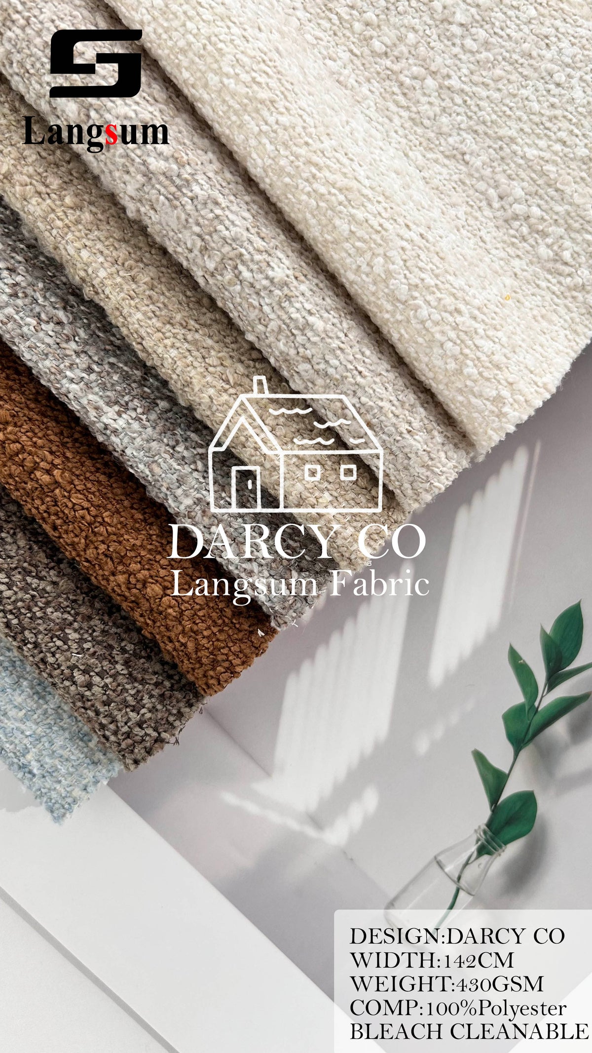 DARCY CO Bouclé-Textured Polyester Upholstery Fabric – 430gsm, 56" Wide, 7 Colors Langsum Fabric