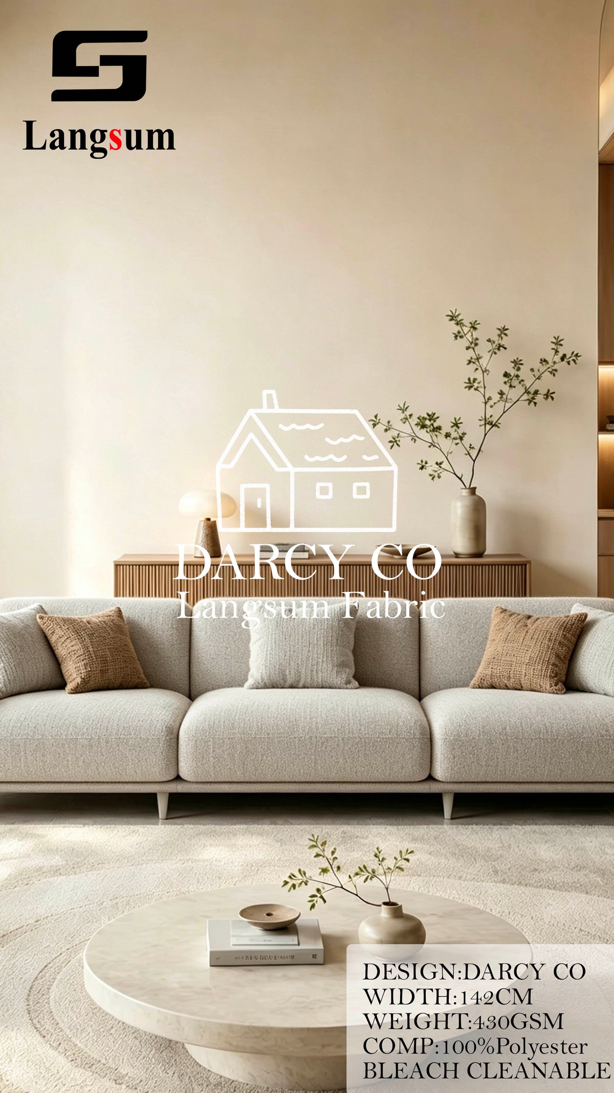 DARCY CO Bouclé-Textured Polyester Upholstery Fabric – 430gsm, 56" Wide, 7 Colors Langsum Fabric