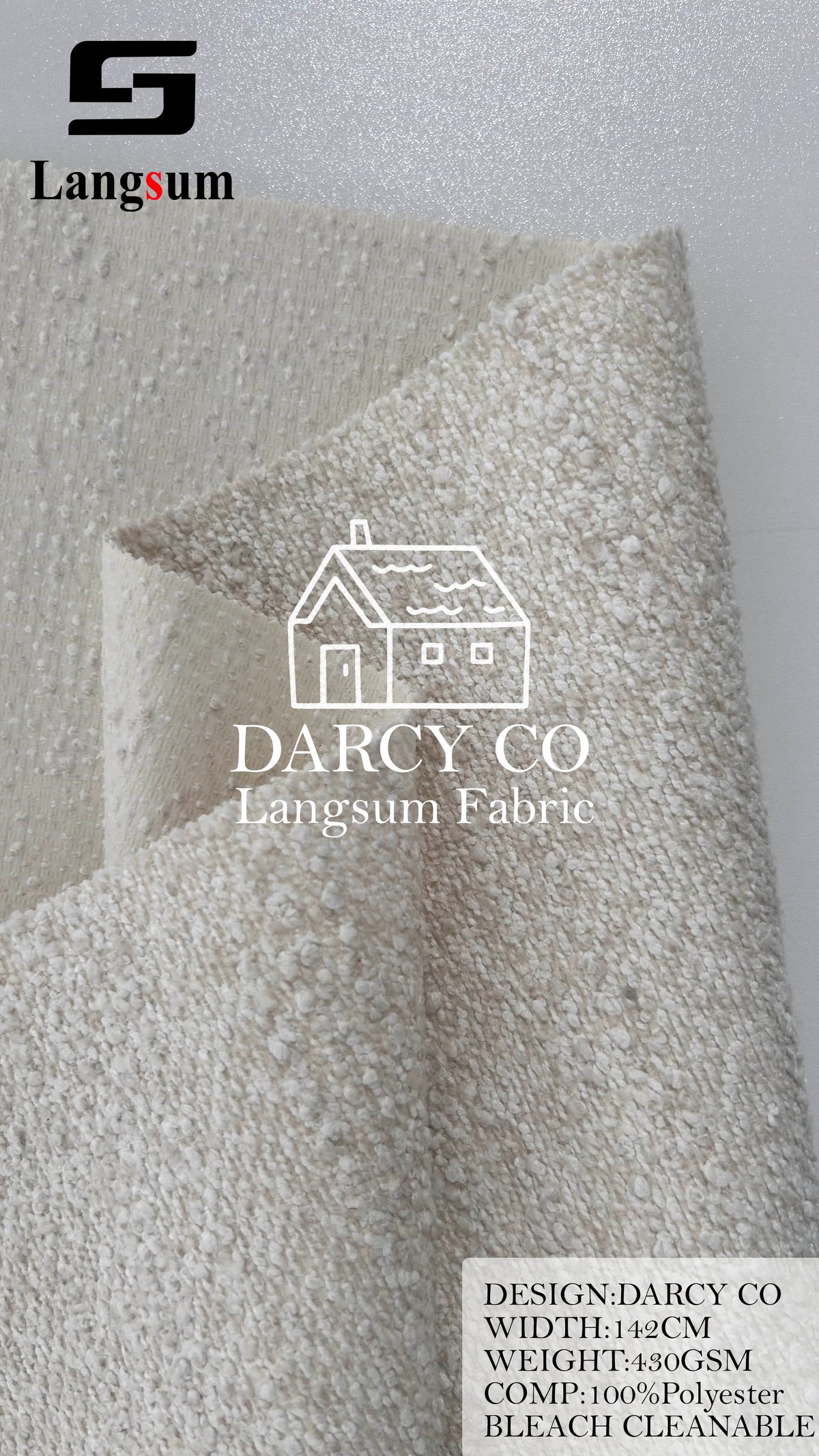 DARCY CO Bouclé-Textured Polyester Upholstery Fabric – 430gsm, 56" Wide, 7 Colors Langsum Fabric