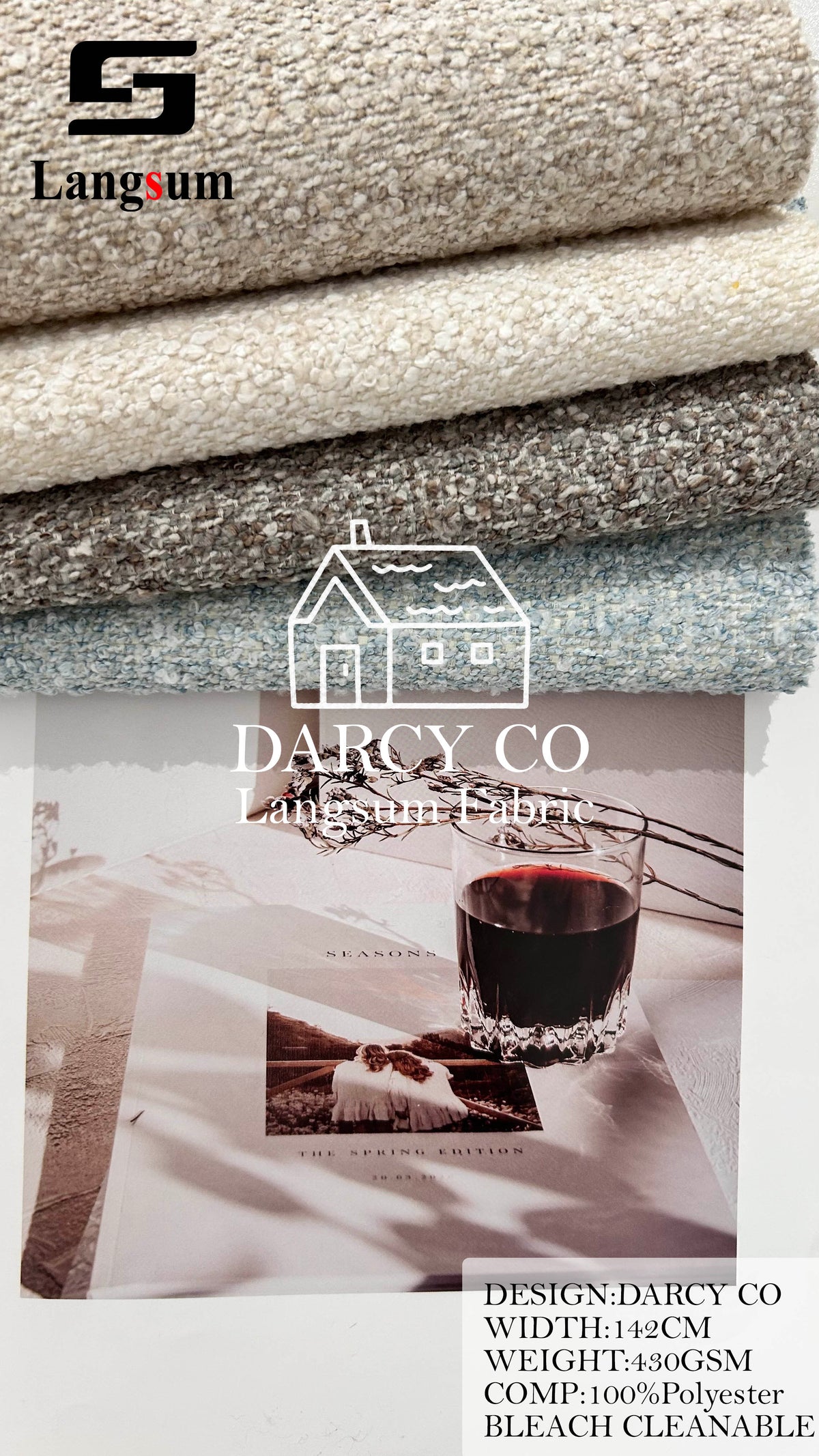 DARCY CO Bouclé-Textured Polyester Upholstery Fabric – 430gsm, 56" Wide, 7 Colors Langsum Fabric
