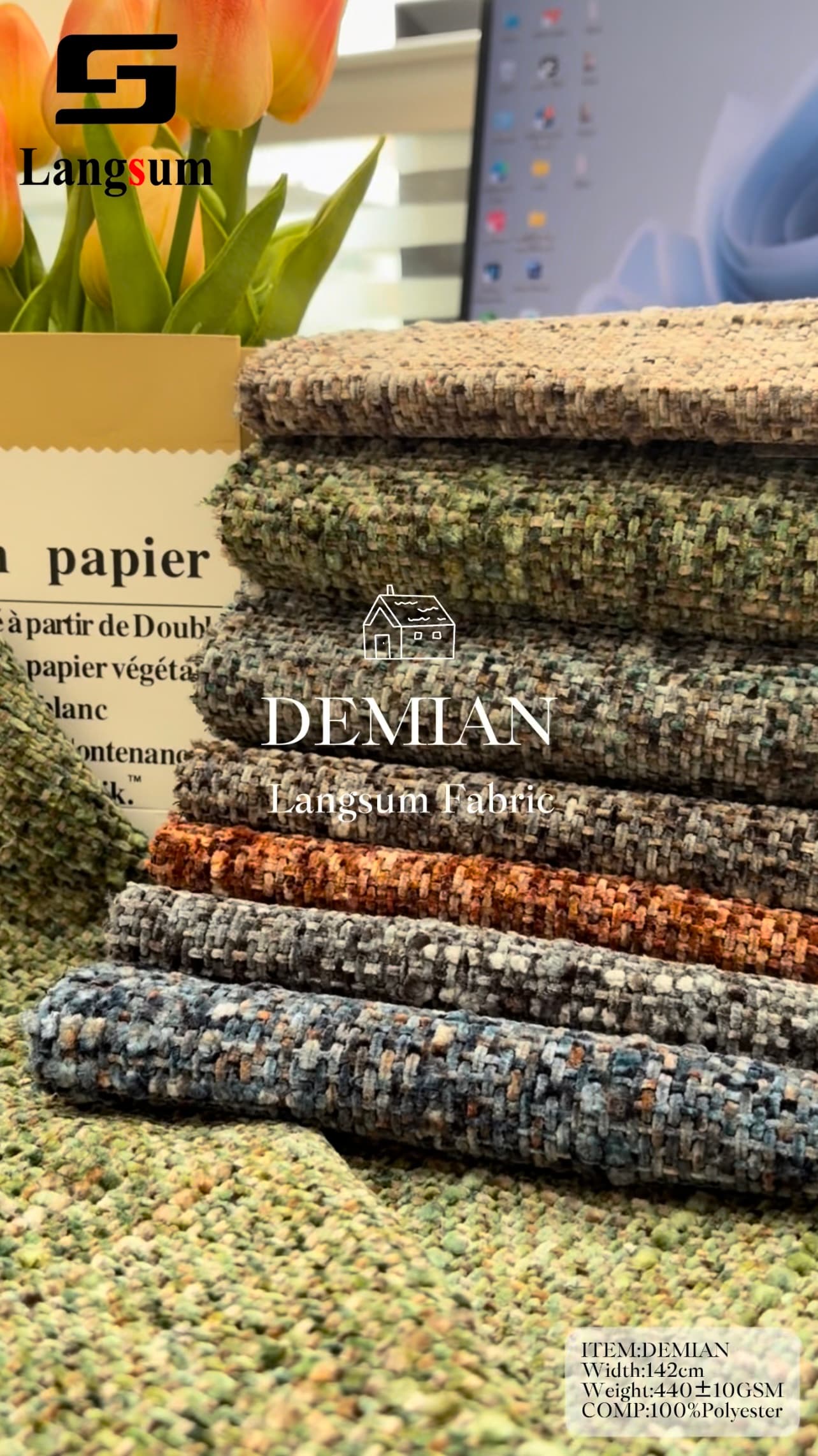 DEMIAN Chenille Fabric Woven Jacquard Fabric – 440gsm, 56" Wide, 12 Colors Langsum Fabric