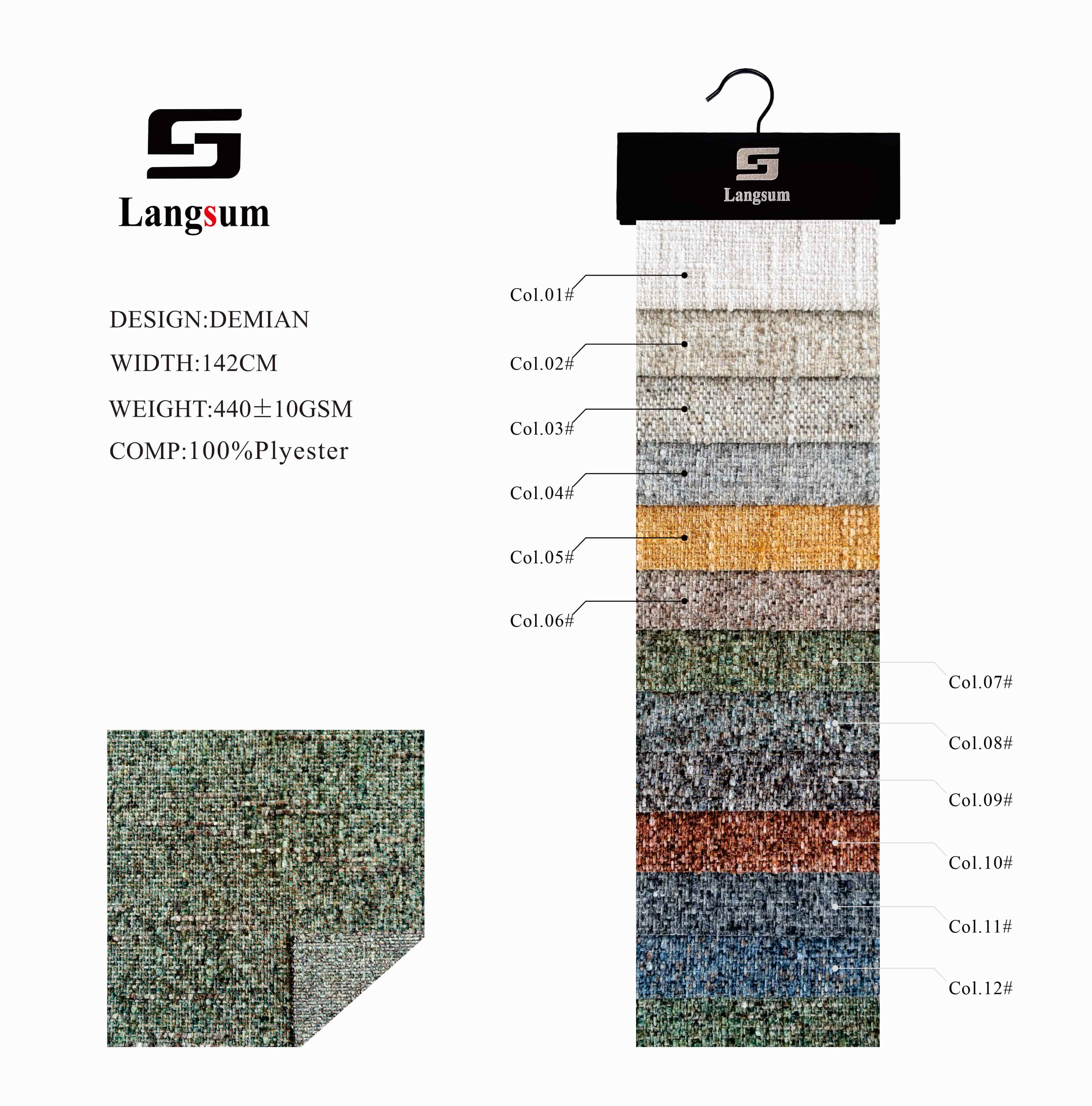 DEMIAN Chenille Fabric Woven Jacquard Fabric – 440gsm, 56" Wide, 12 Colors Langsum Fabric