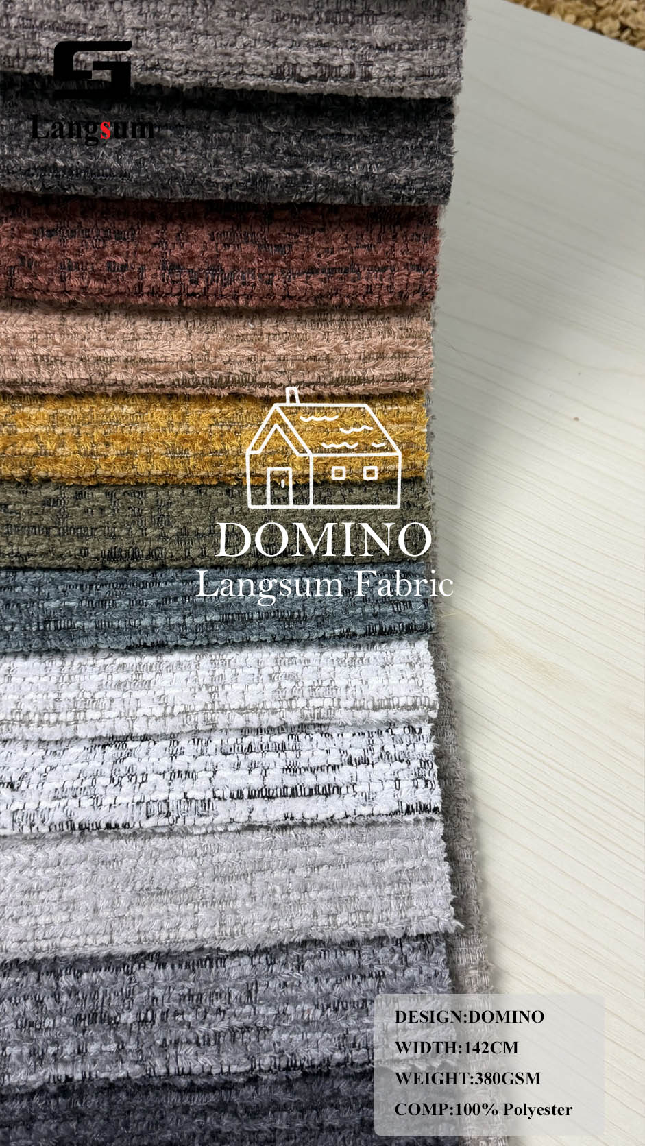 DOMINO Slub-Textured Polyester Upholstery Fabric – 380gsm, 56" Wide Langsum Fabric