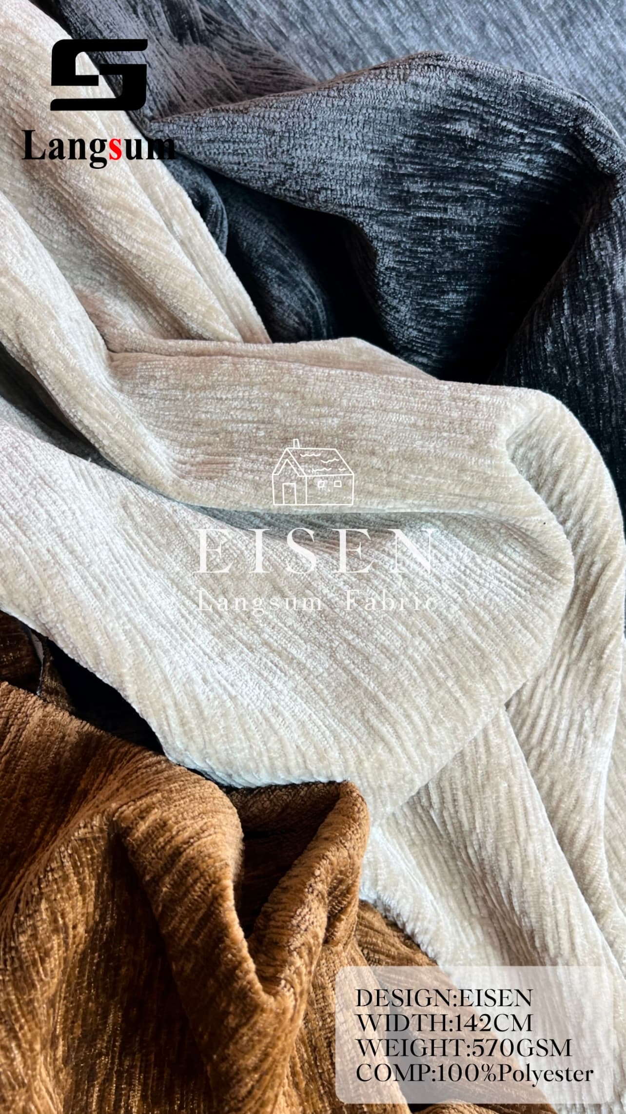 EISEN Chenille Fabric Woven Jacquard Fabric – 570gsm, 56" Wide, 19 Colors Langsum Fabric