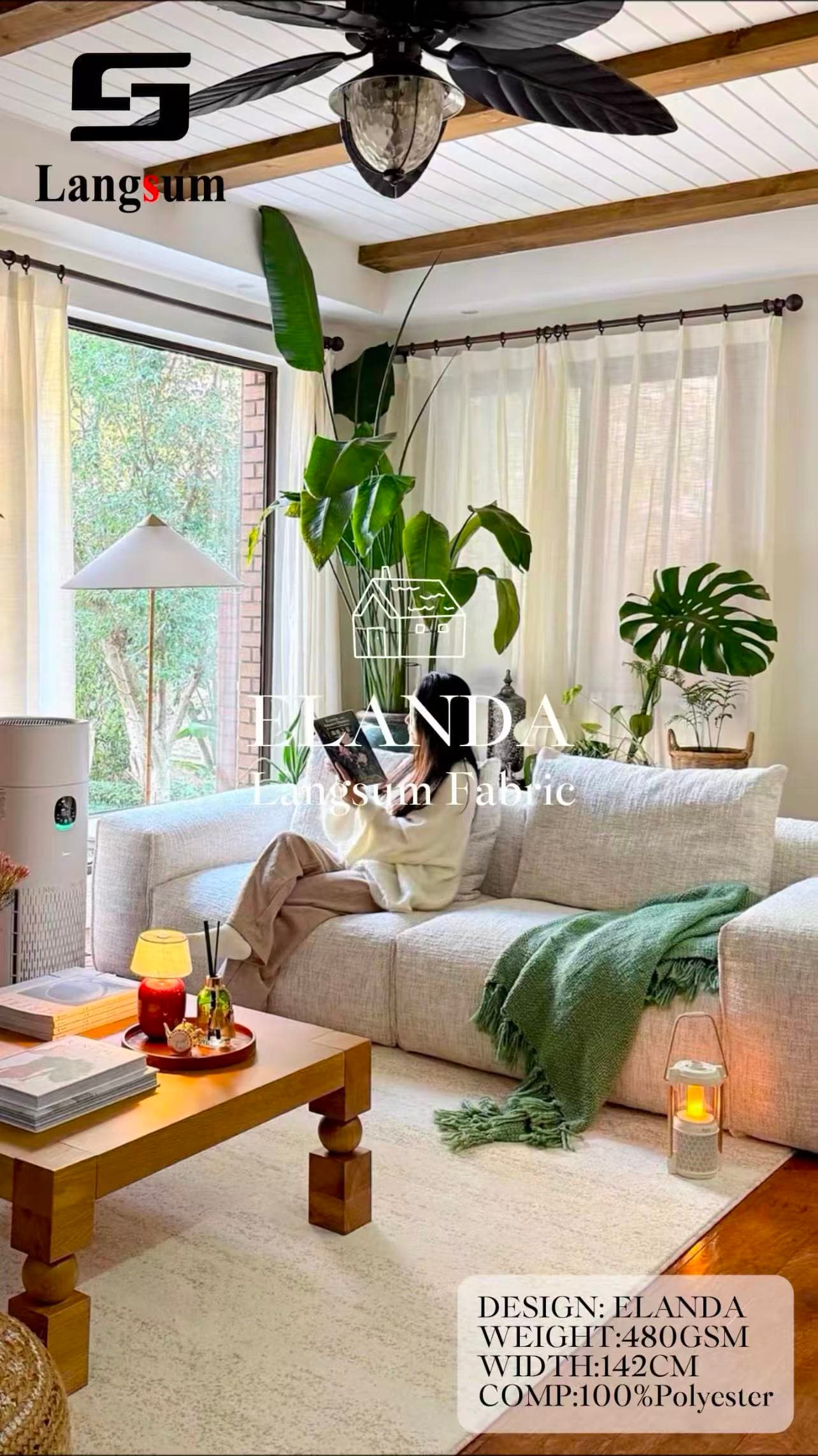 ELANDA Linen Look Fabric Polyester Upholstery Fabric– 480gsm, 56" Wide, 15 Colors Langsum Fabric