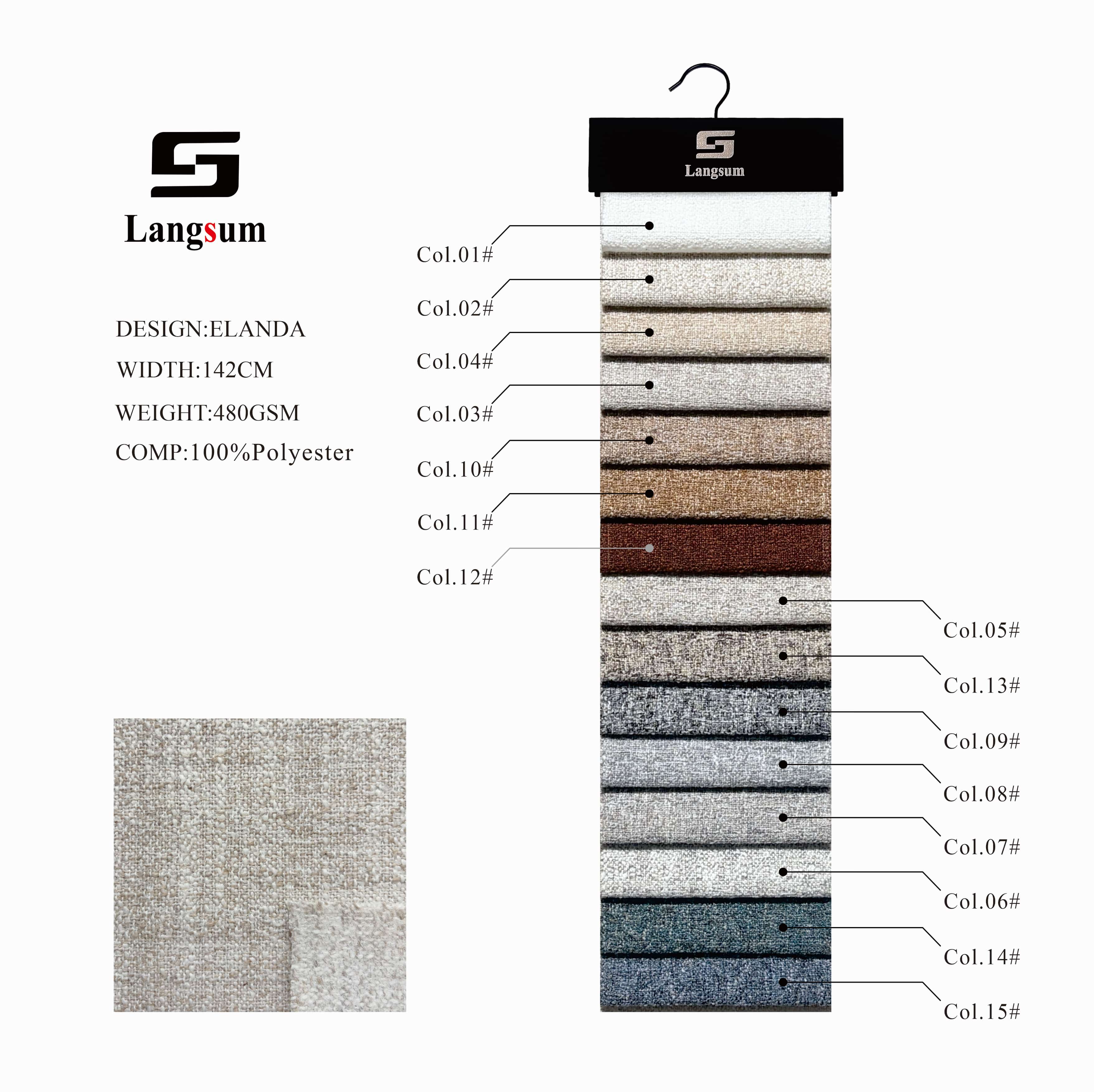 ELANDA Linen Look Fabric Polyester Upholstery Fabric– 480gsm, 56" Wide, 15 Colors Langsum Fabric