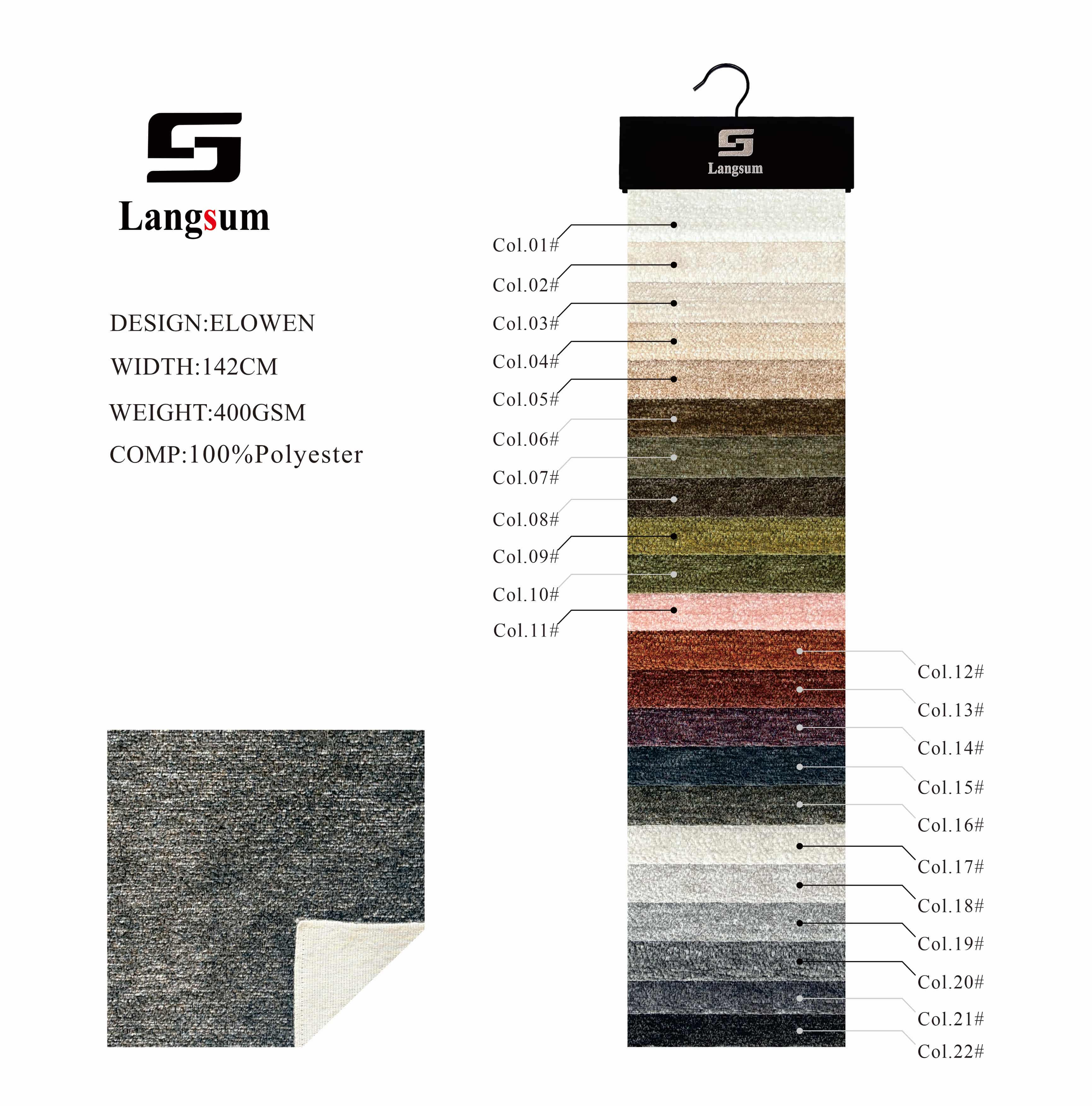 ELOWEN Chenille Fabric Woven Jacquard Fabric – 400gsm, 56" Wide, 22 Colors Langsum Fabric