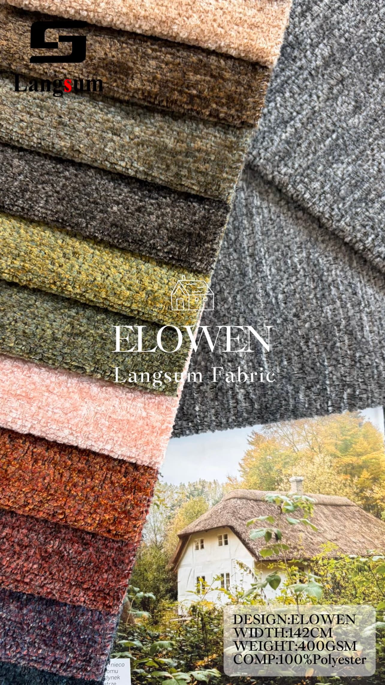 ELOWEN Chenille Fabric Woven Jacquard Fabric – 400gsm, 56" Wide, 22 Colors Langsum Fabric
