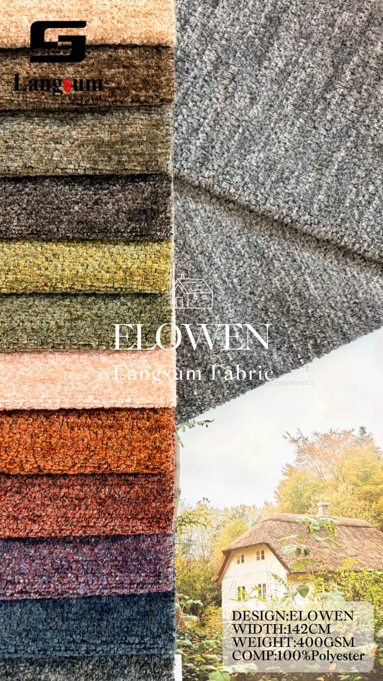 ELOWEN Chenille Fabric Woven Jacquard Fabric – 400gsm, 56" Wide, 22 Colors Langsum Fabric