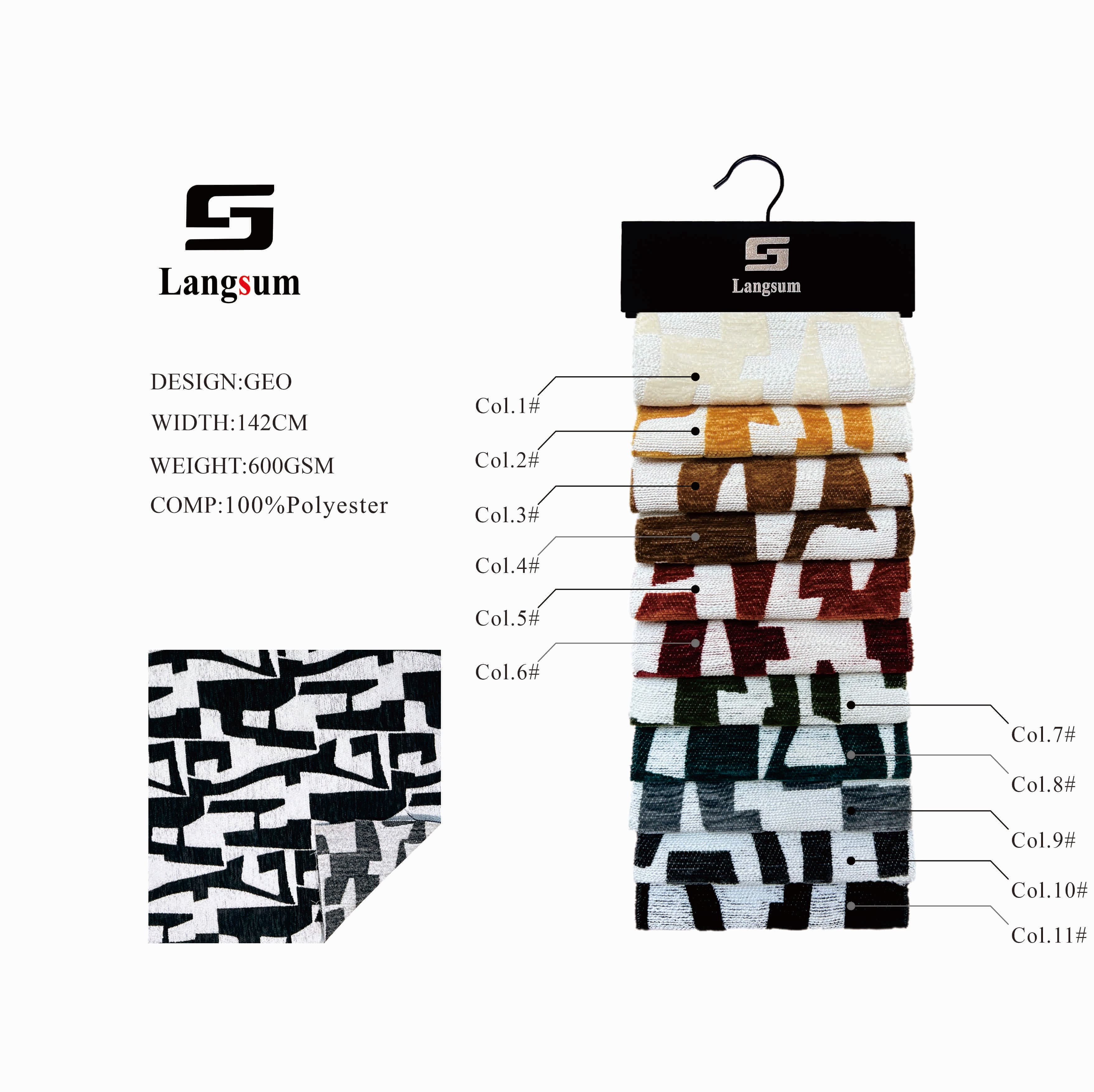 GEO Chenille Fabric Woven Jacquard Fabric – 600gsm, 56" Wide, 11 Colors Langsum Fabric