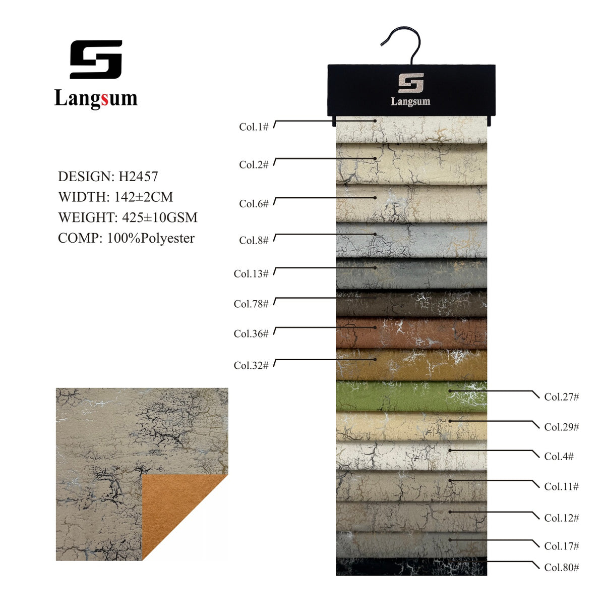 H2457 Crackle-Pattern Polyester Upholstery Fabric – 425±10gsm, 56" Wide, 15 Colors Langsum Fabric