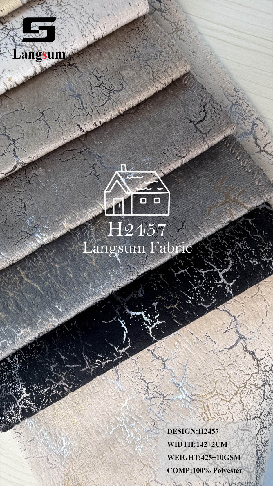 H2457 Crackle-Pattern Polyester Upholstery Fabric – 425±10gsm, 56" Wide, 15 Colors Langsum Fabric