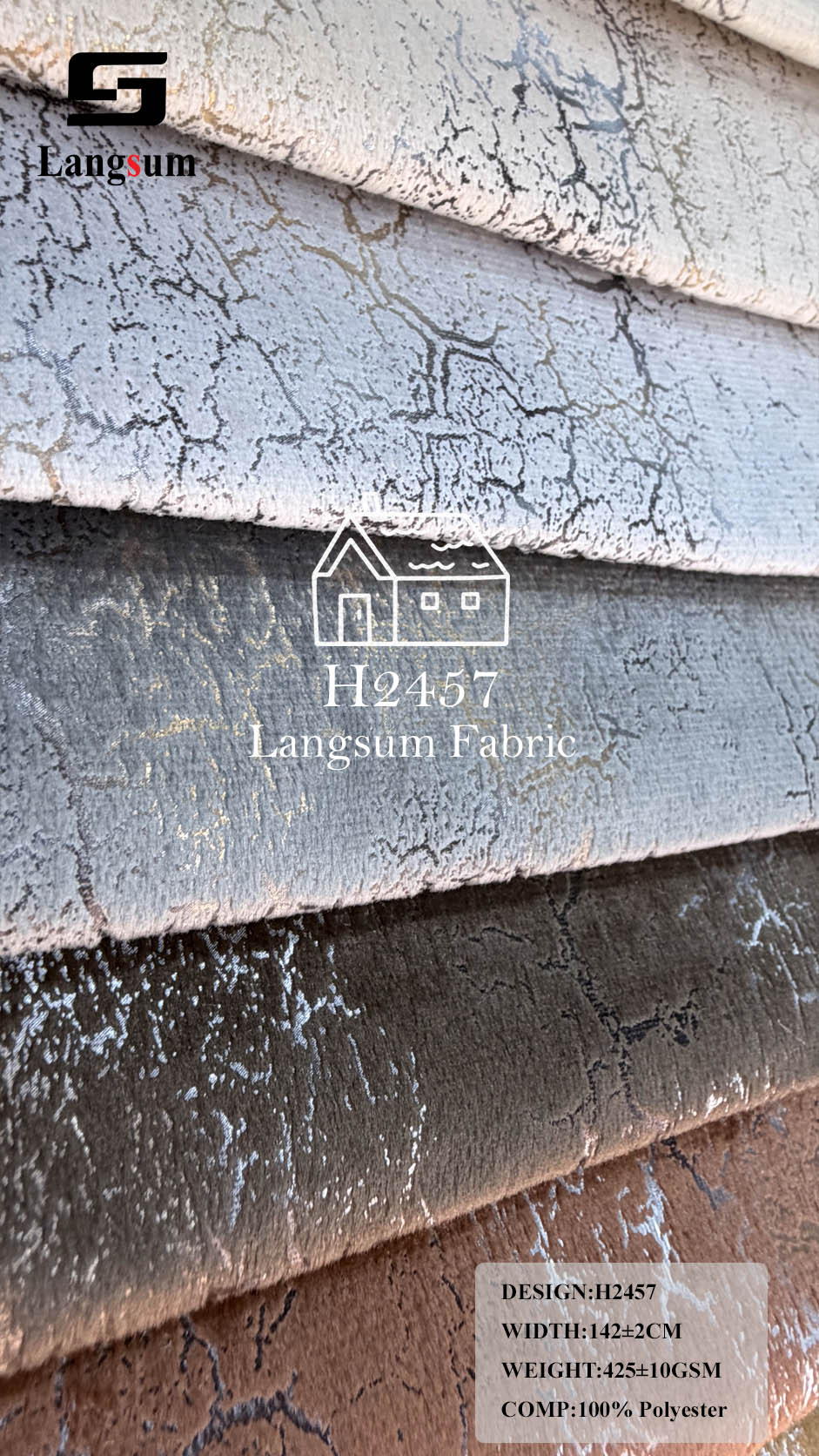 H2457 Crackle-Pattern Polyester Upholstery Fabric – 425±10gsm, 56" Wide, 15 Colors Langsum Fabric