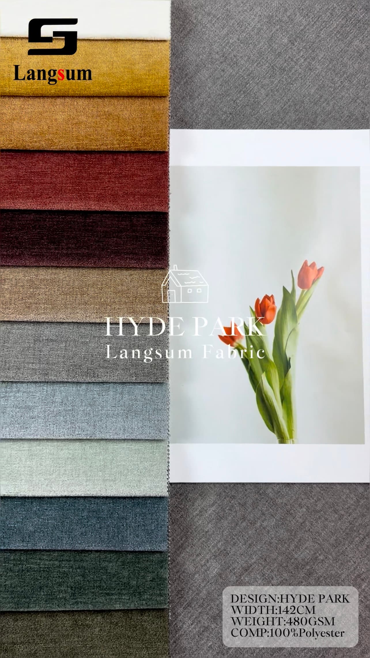 HYDE PARK Chenille Fabric Woven Jacquard Fabric – 480gsm, 56" Wide, 15 Colors Langsum Fabric