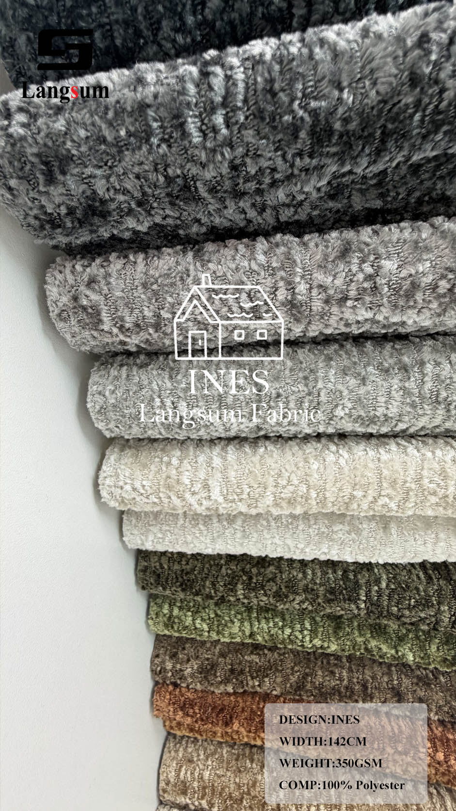 INES Curly-Textured Polyester Upholstery Fabric – 350gsm, 56" Wide, 16 Colors Langsum Fabric