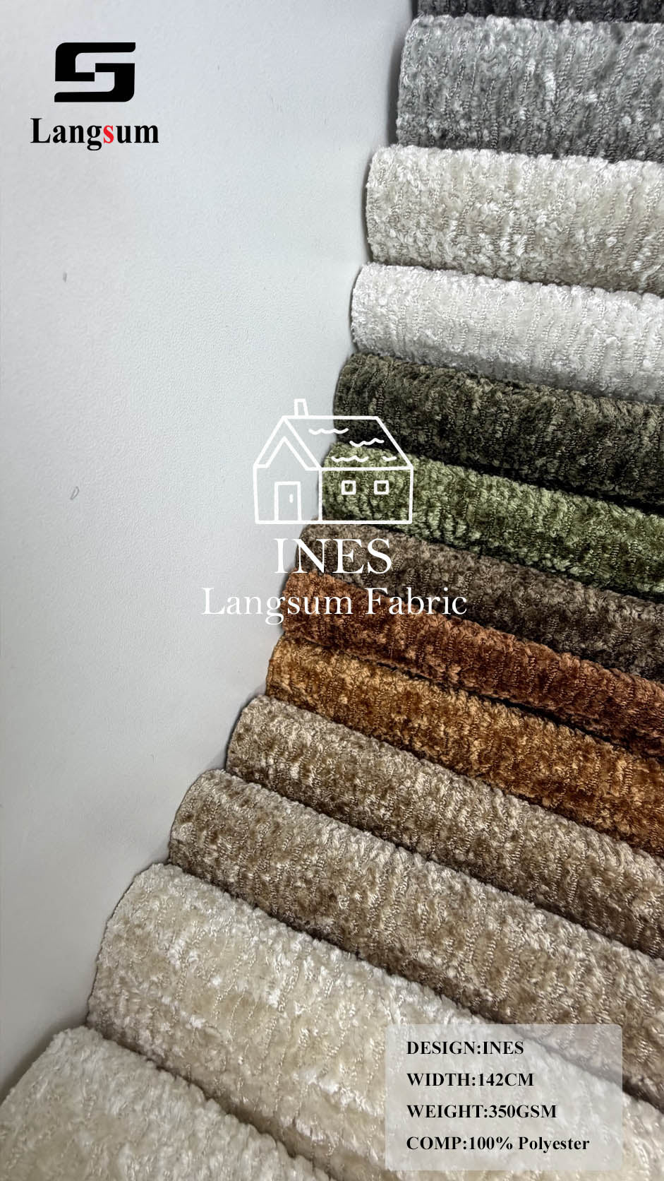 INES Curly-Textured Polyester Upholstery Fabric – 350gsm, 56" Wide, 16 Colors Langsum Fabric