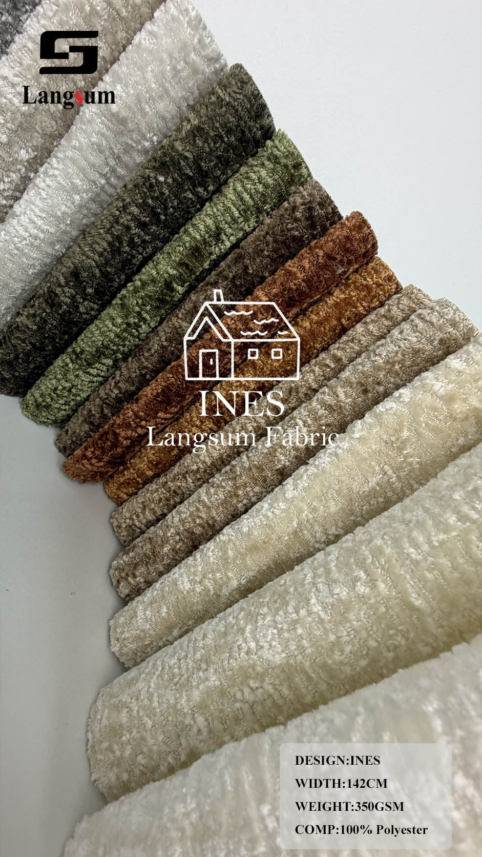 INES Curly-Textured Polyester Upholstery Fabric – 350gsm, 56" Wide, 16 Colors Langsum Fabric