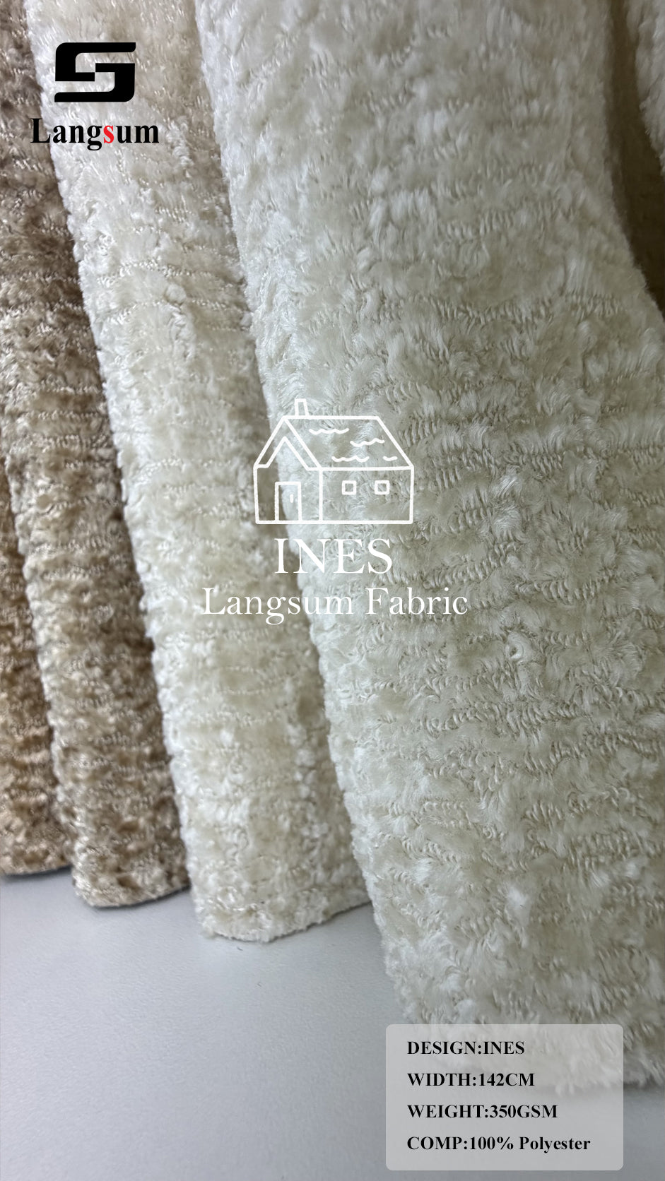 INES Curly-Textured Polyester Upholstery Fabric – 350gsm, 56" Wide, 16 Colors Langsum Fabric