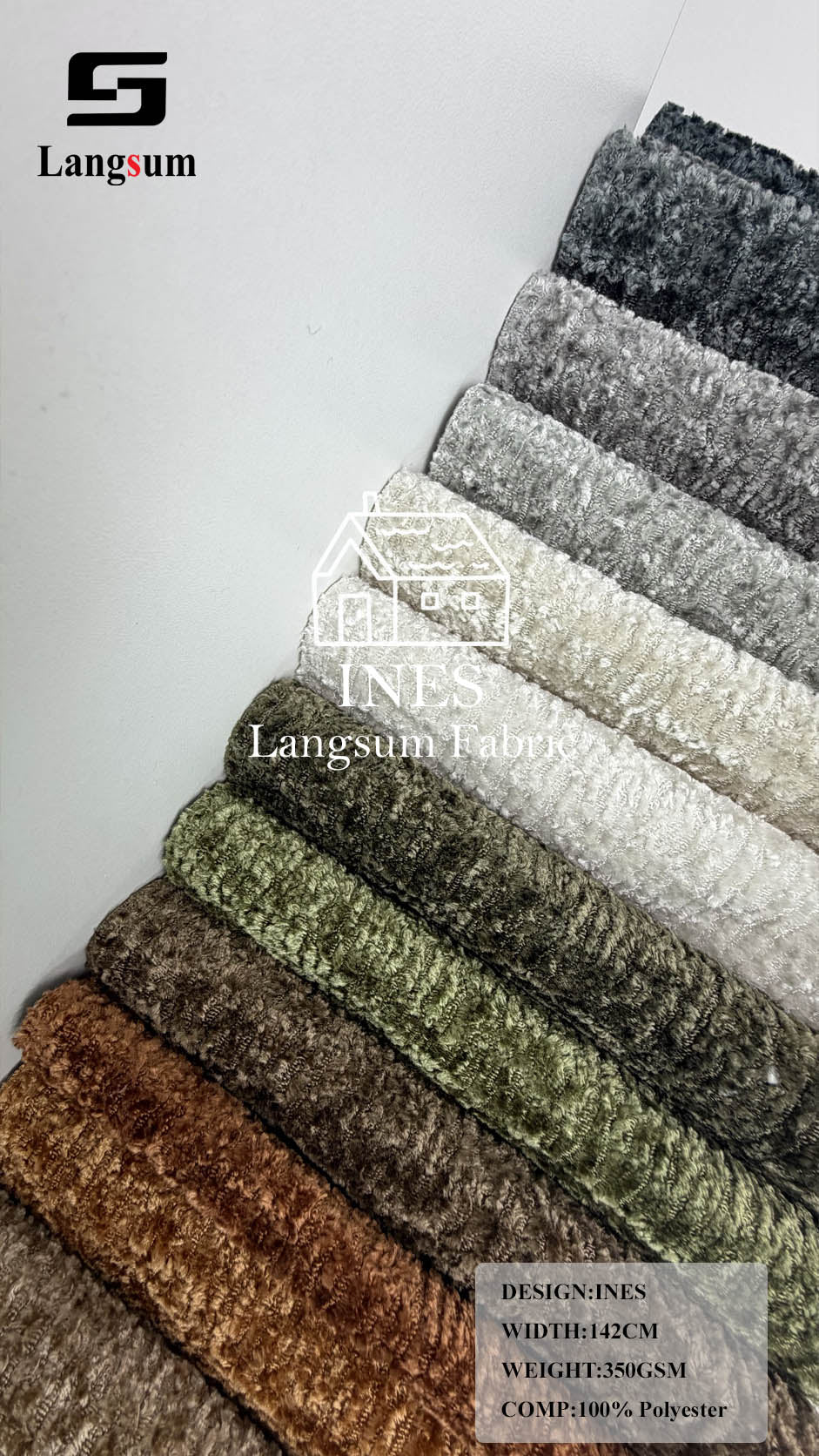 INES Curly-Textured Polyester Upholstery Fabric – 350gsm, 56" Wide, 16 Colors Langsum Fabric