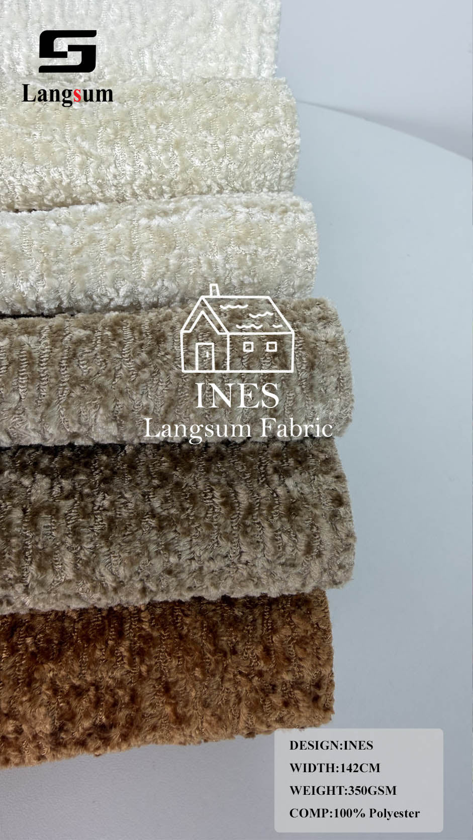 INES Curly-Textured Polyester Upholstery Fabric – 350gsm, 56" Wide, 16 Colors Langsum Fabric