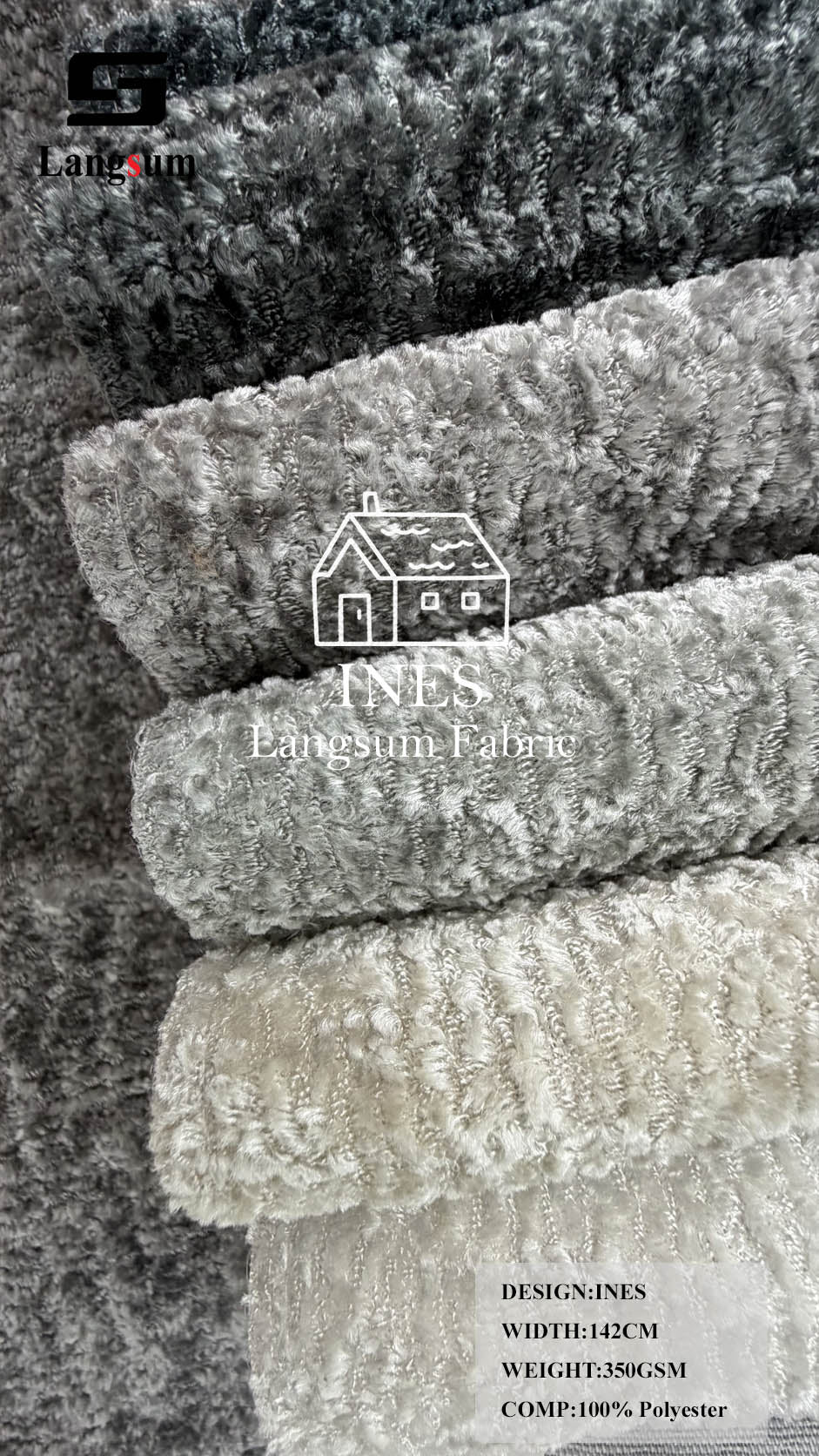 INES Curly-Textured Polyester Upholstery Fabric – 350gsm, 56" Wide, 16 Colors Langsum Fabric