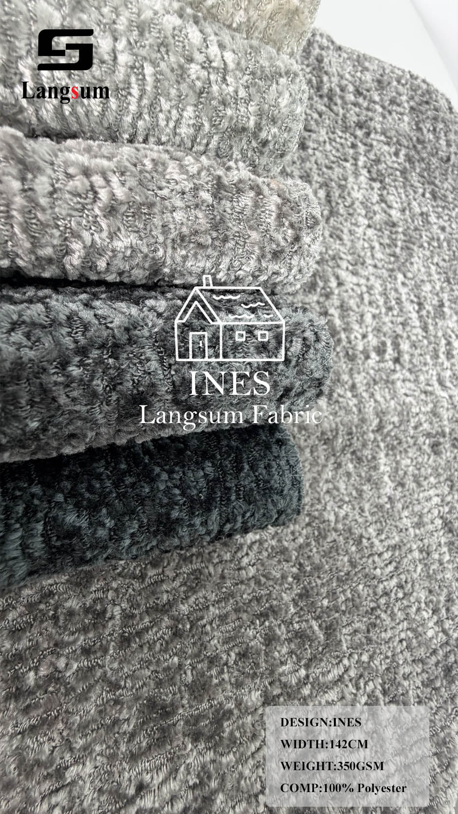 INES Curly-Textured Polyester Upholstery Fabric – 350gsm, 56" Wide, 16 Colors Langsum Fabric