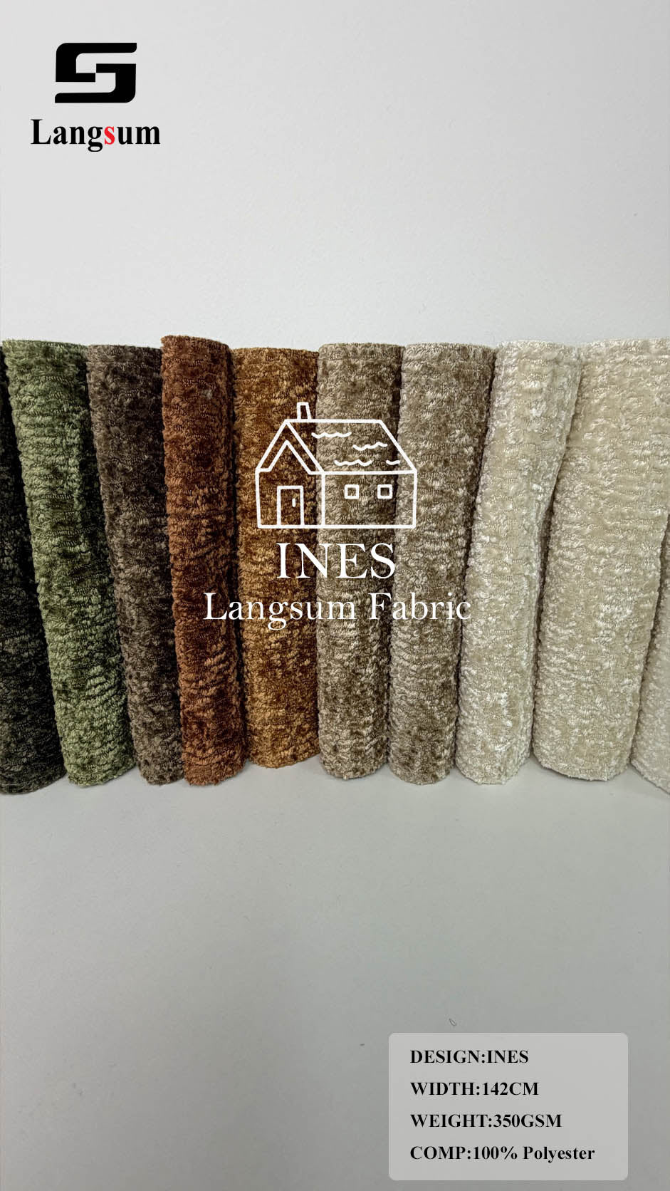 INES Curly-Textured Polyester Upholstery Fabric – 350gsm, 56" Wide, 16 Colors Langsum Fabric
