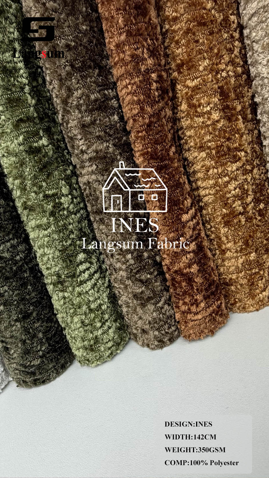INES Curly-Textured Polyester Upholstery Fabric – 350gsm, 56" Wide, 16 Colors Langsum Fabric