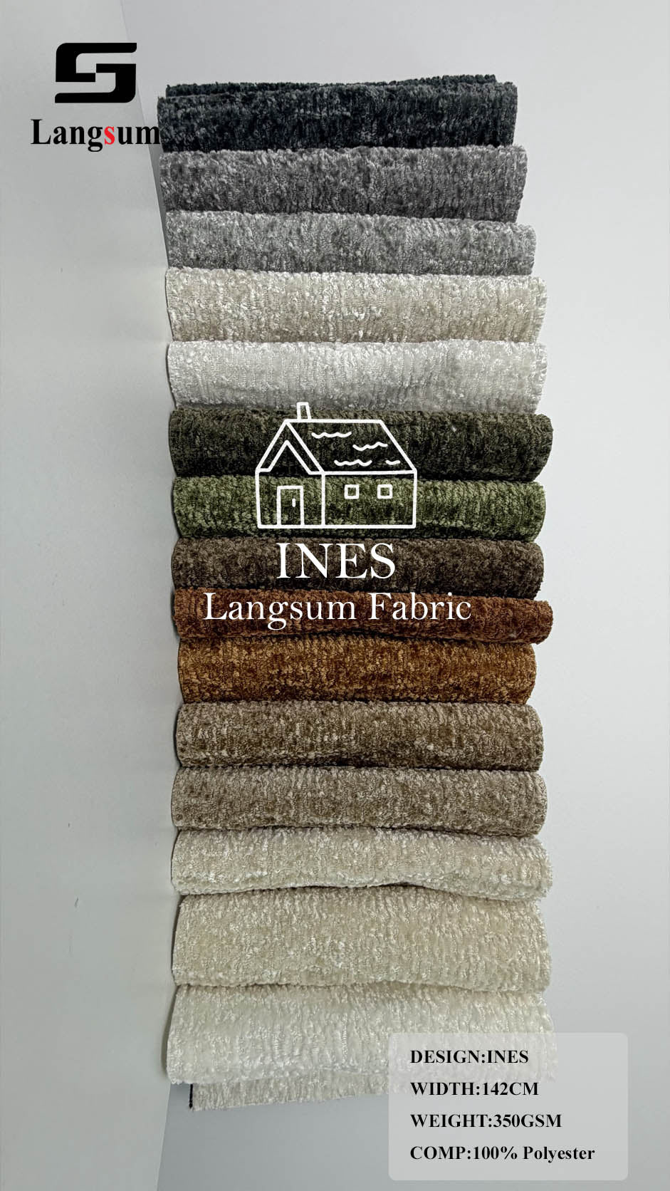 INES Curly-Textured Polyester Upholstery Fabric – 350gsm, 56" Wide, 16 Colors Langsum Fabric
