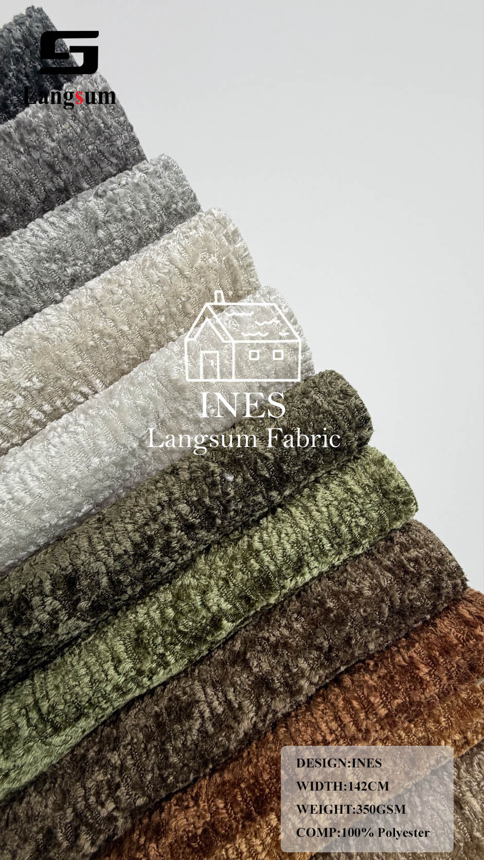 INES Curly-Textured Polyester Upholstery Fabric – 350gsm, 56" Wide, 16 Colors Langsum Fabric