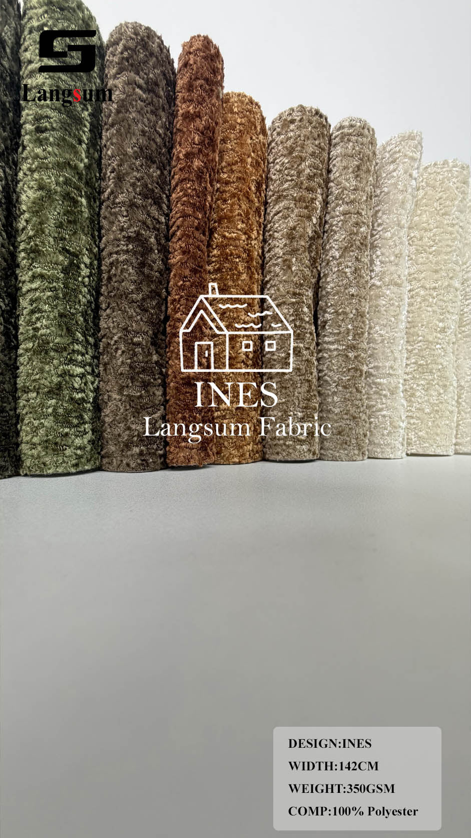 INES Curly-Textured Polyester Upholstery Fabric – 350gsm, 56" Wide, 16 Colors Langsum Fabric