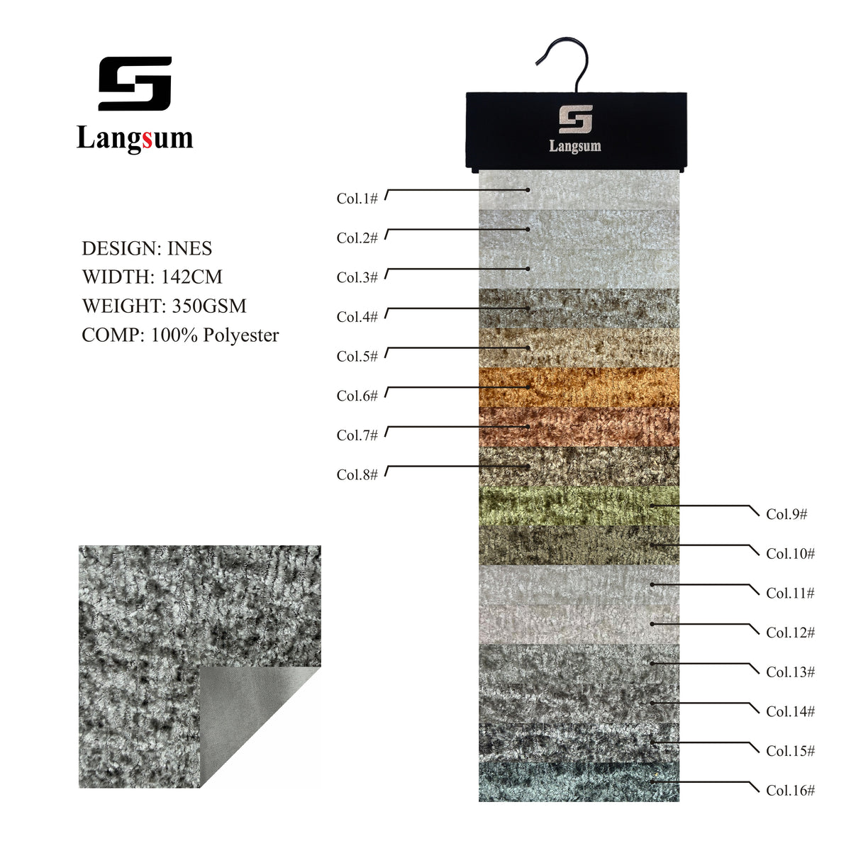 INES Curly-Textured Polyester Upholstery Fabric – 350gsm, 56" Wide, 16 Colors Langsum Fabric