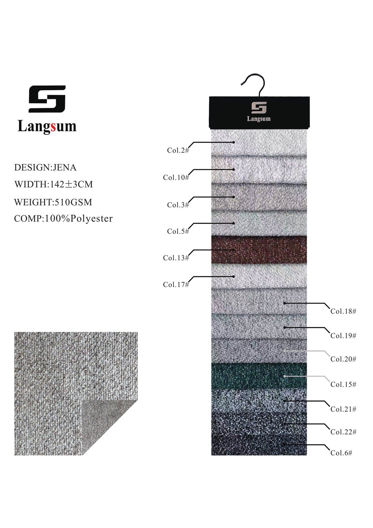 JENA Loop-Textured Polyester Upholstery Fabric – 510gsm, 56" Wide, 13 Colors Langsum Fabric