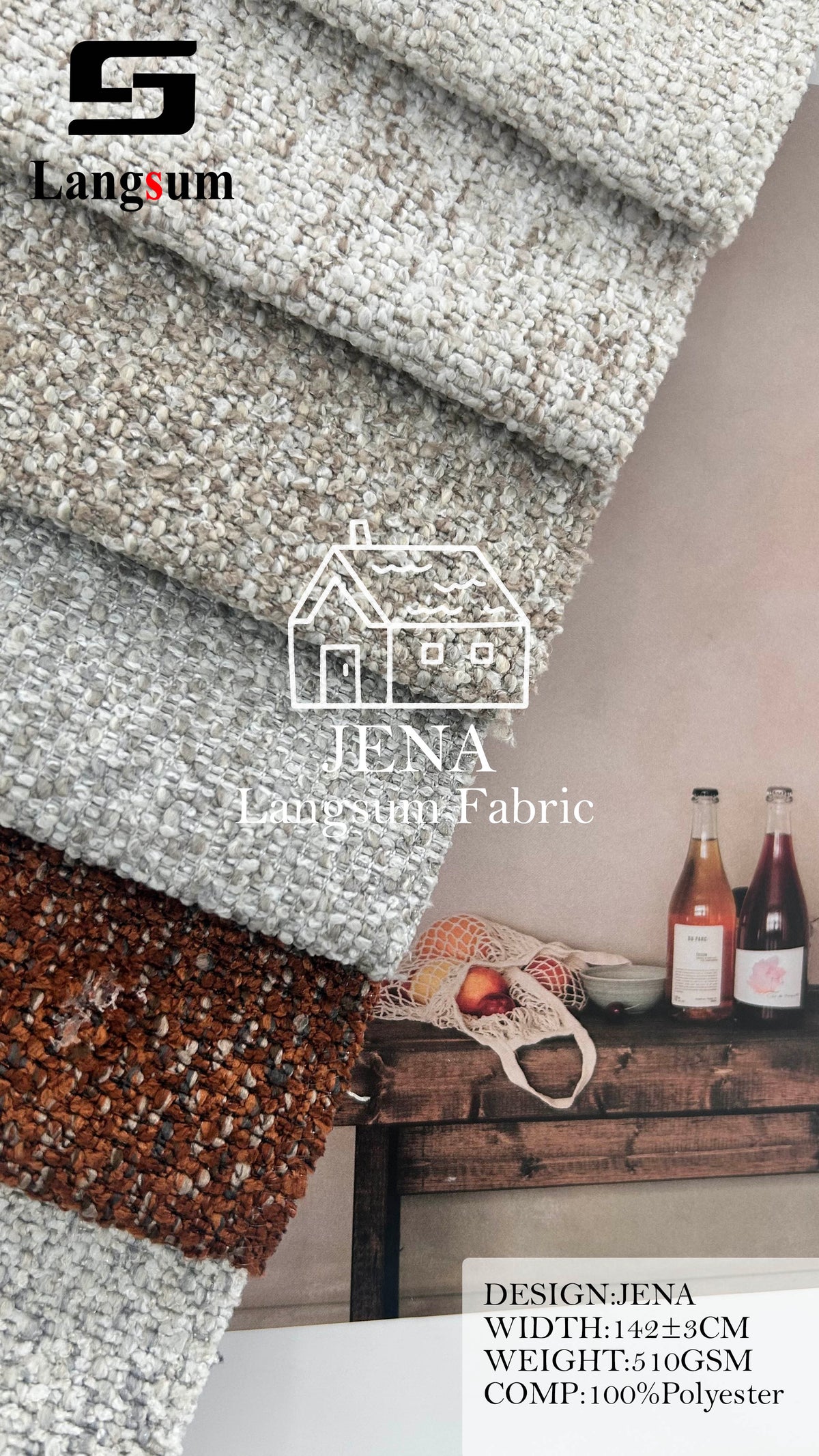 JENA Loop-Textured Polyester Upholstery Fabric – 510gsm, 56" Wide, 13 Colors Langsum Fabric
